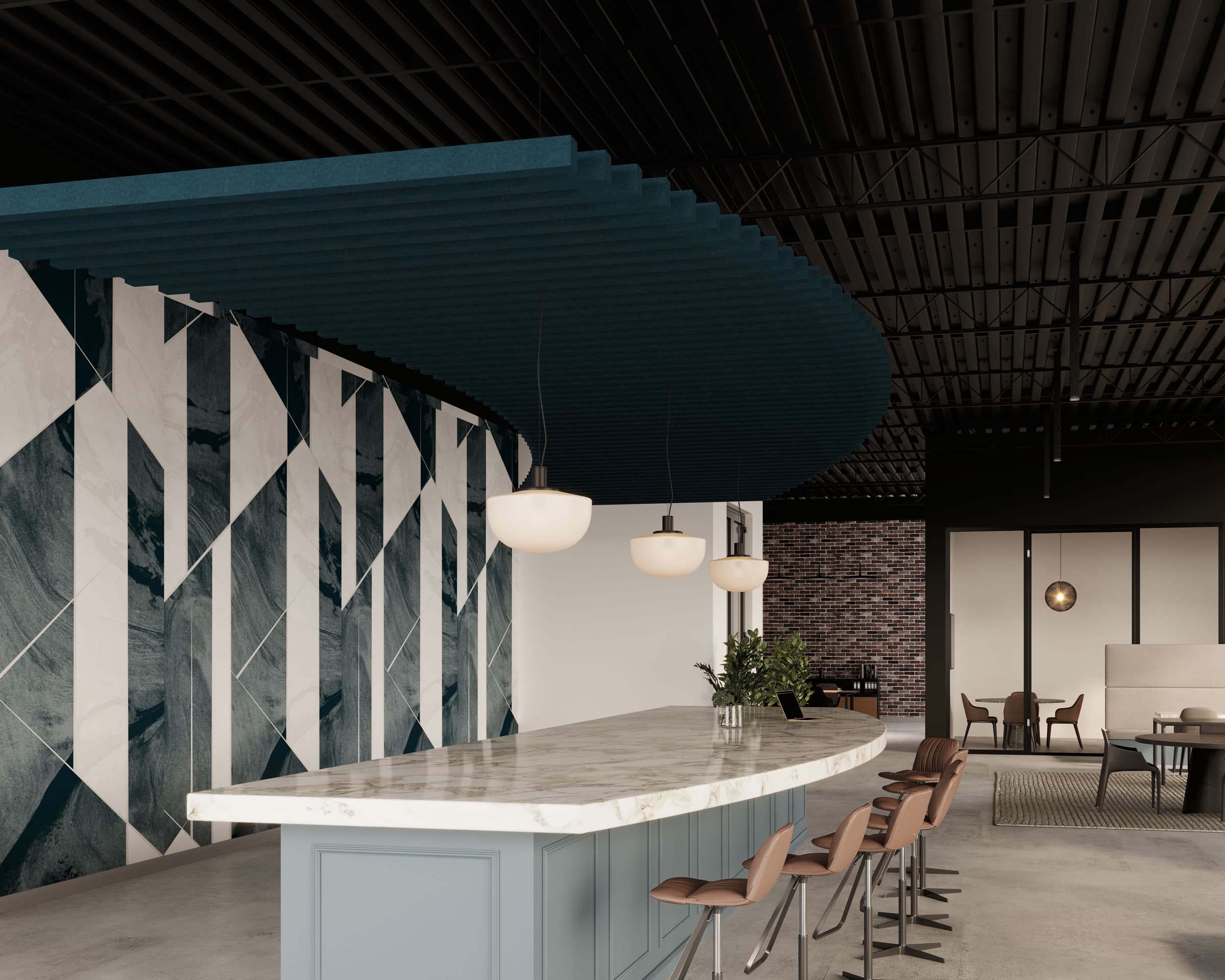 Modern interior with a marble-topped counter surrounded by bar stools. The wall behind the counter features geometric patterned decor, and three pendant lights hang above. The background includes a dining area with tables and chairs under a sophisticated acoustic felt ceiling baffle system.