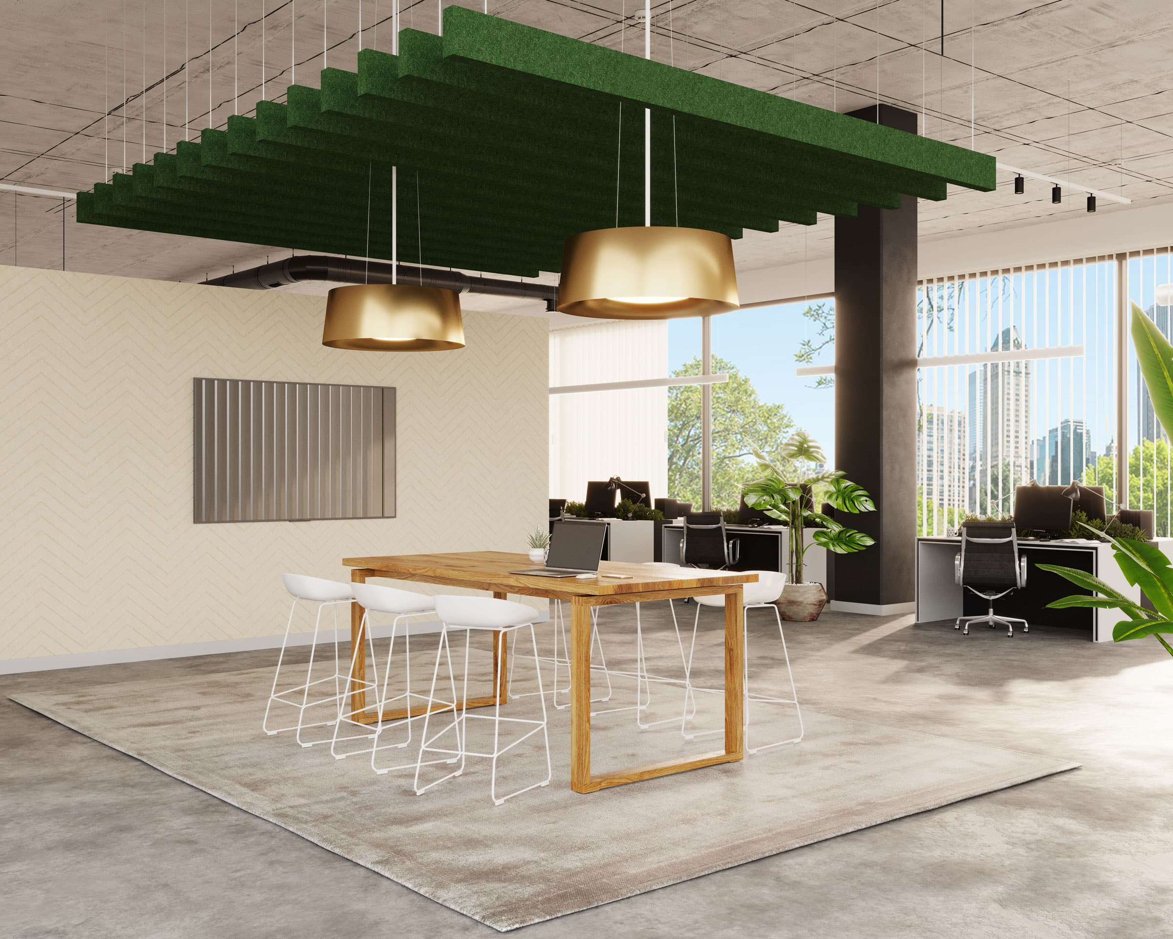 A modern office space with an open layout features a large wooden table surrounded by white chairs, and two gold pendant lights hanging above. The room has large windows, potted plants, a mix of concrete and carpeted flooring, and truss acoustic felt ceiling baffles to enhance sound quality.