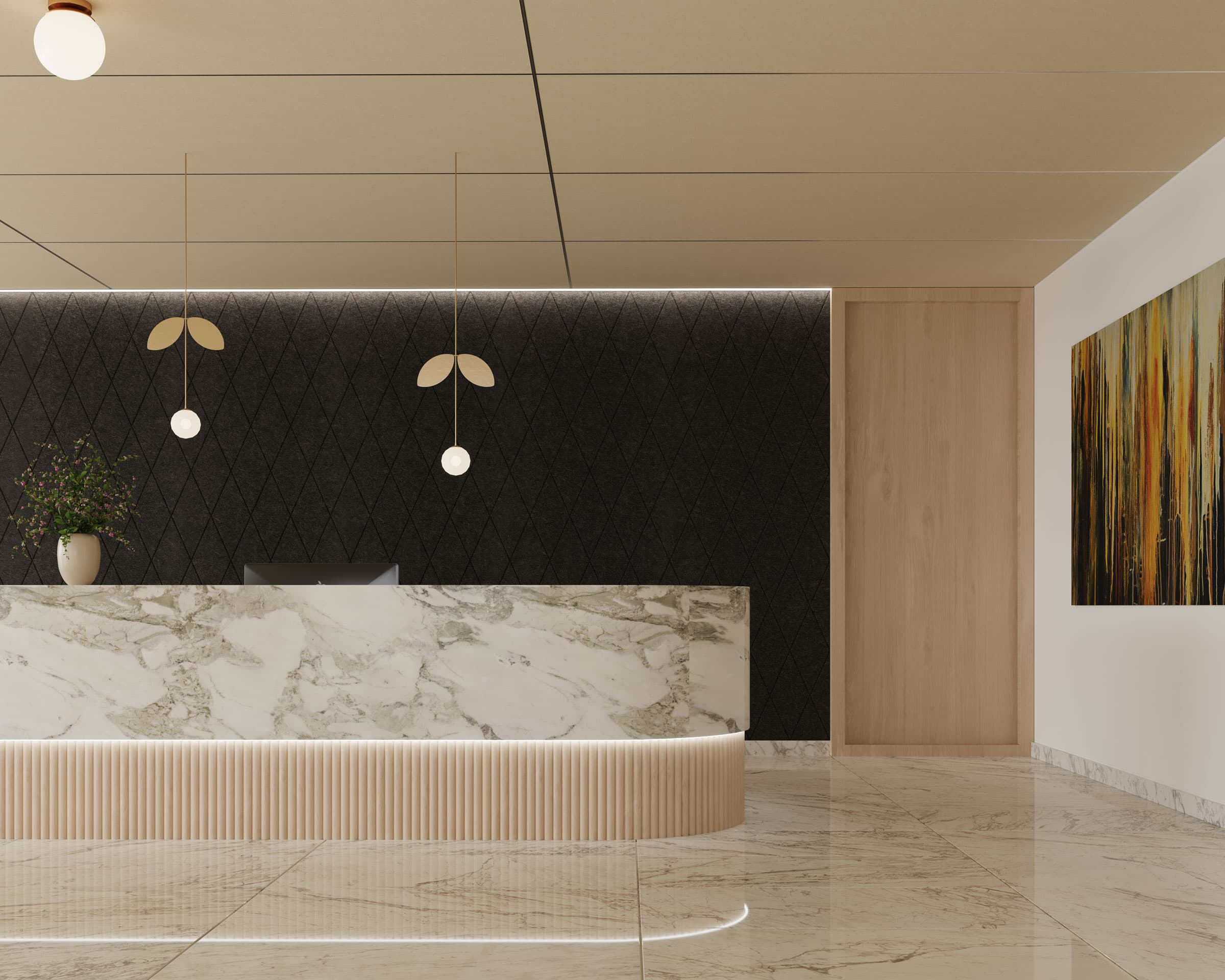 A modern reception area features a sleek, marble-topped counter with a ribbed wooden base. Two pendant lights hang above, illuminating the solid acoustic felt ceiling panels. The back wall is textured and dark, contrasting with light wooden accents. A potted plant and abstract painting complete the decor.