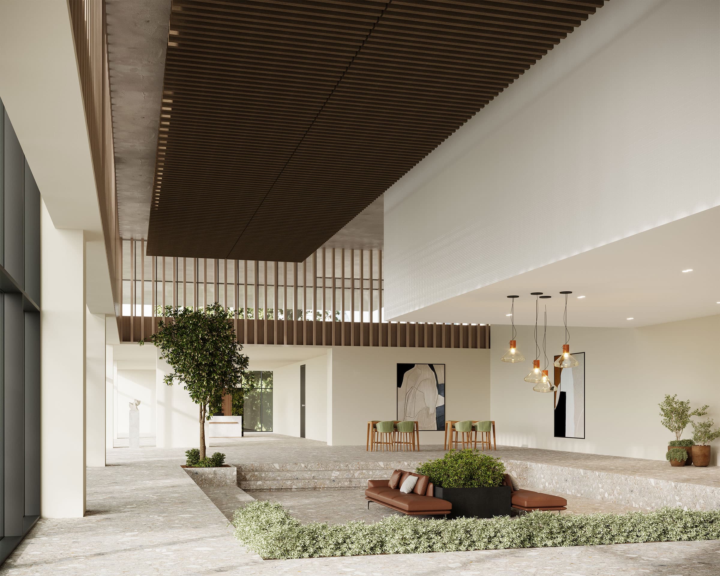 Modern indoor space with a minimalist design featuring a high ceiling accented by acoustic felt ceiling baffles, a lounge area with plants and brown cushioned seating, and a wall adorned with abstract art. Hanging lights and light-colored walls create a serene ambiance.