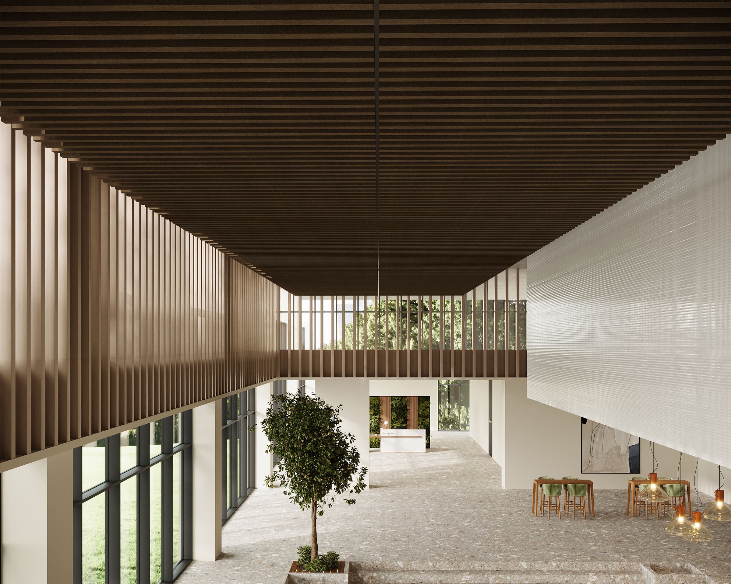 A spacious, modern interior features a high ceiling with wooden slats and truss acoustic felt ceiling baffles, large windows allowing natural light, a central green potted tree, and a sitting area with chairs and a table. The design is minimalist, with white walls and a neutral-toned floor.