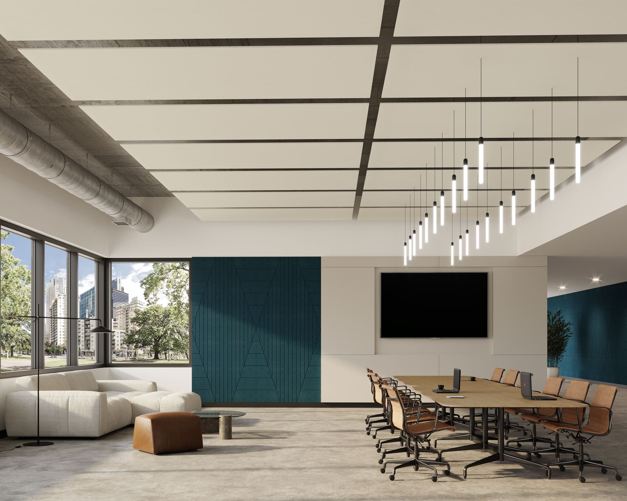 A modern conference room with a long wooden table, equipped with several office chairs. The room features a large wall-mounted screen, contemporary lighting fixtures, and a small sitting area with a white sofa and brown ottoman. Rectangle acoustic felt ceiling clouds add both style and sound control.