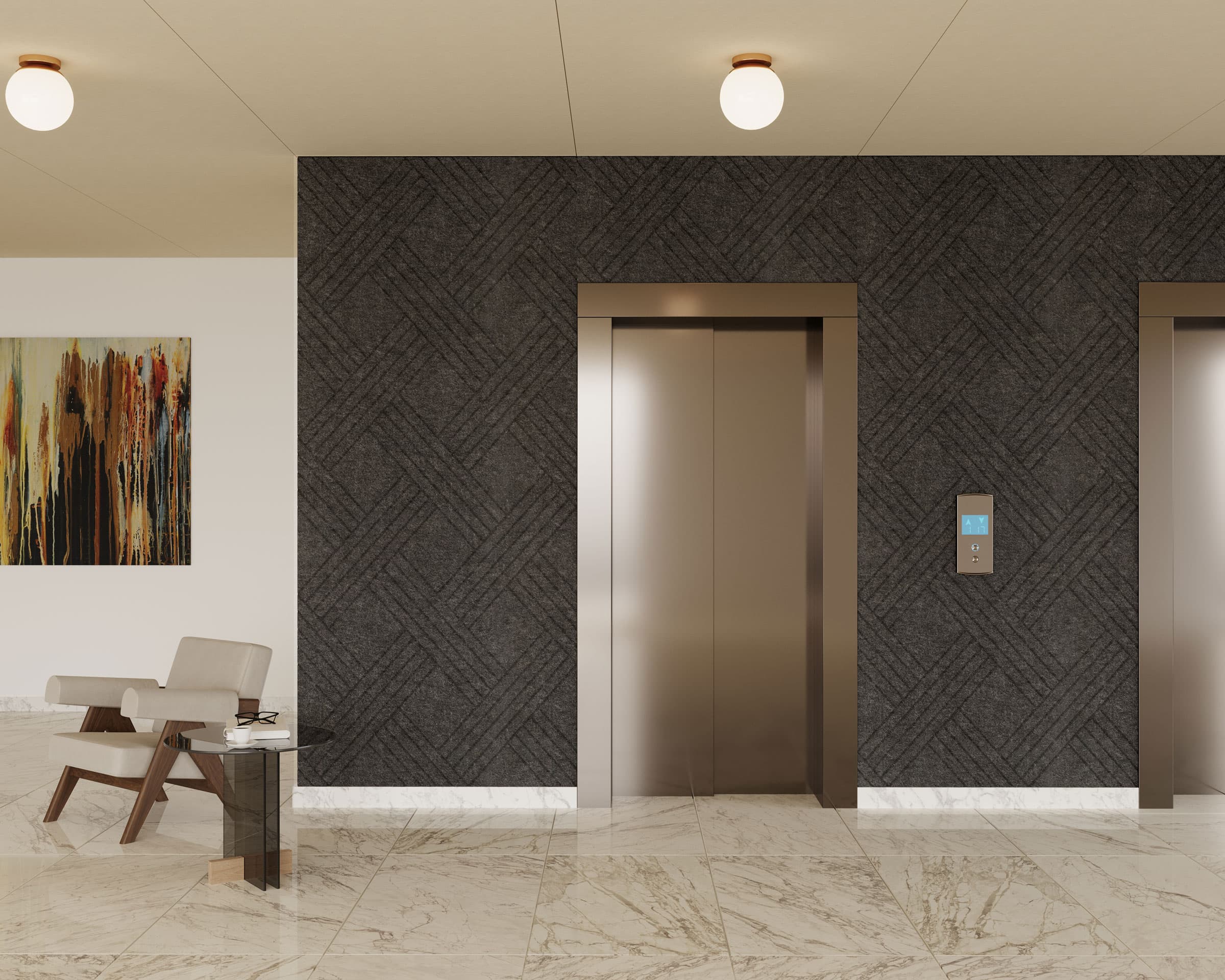 A modern lobby with a marble floor features two stainless steel elevators in a dark-textured wall. Acoustic felt wall panels add a touch of sophistication beside a beige armchair and a small glass table, placed near a colorful abstract painting on the adjacent white wall. Ceiling lights illuminate the space.