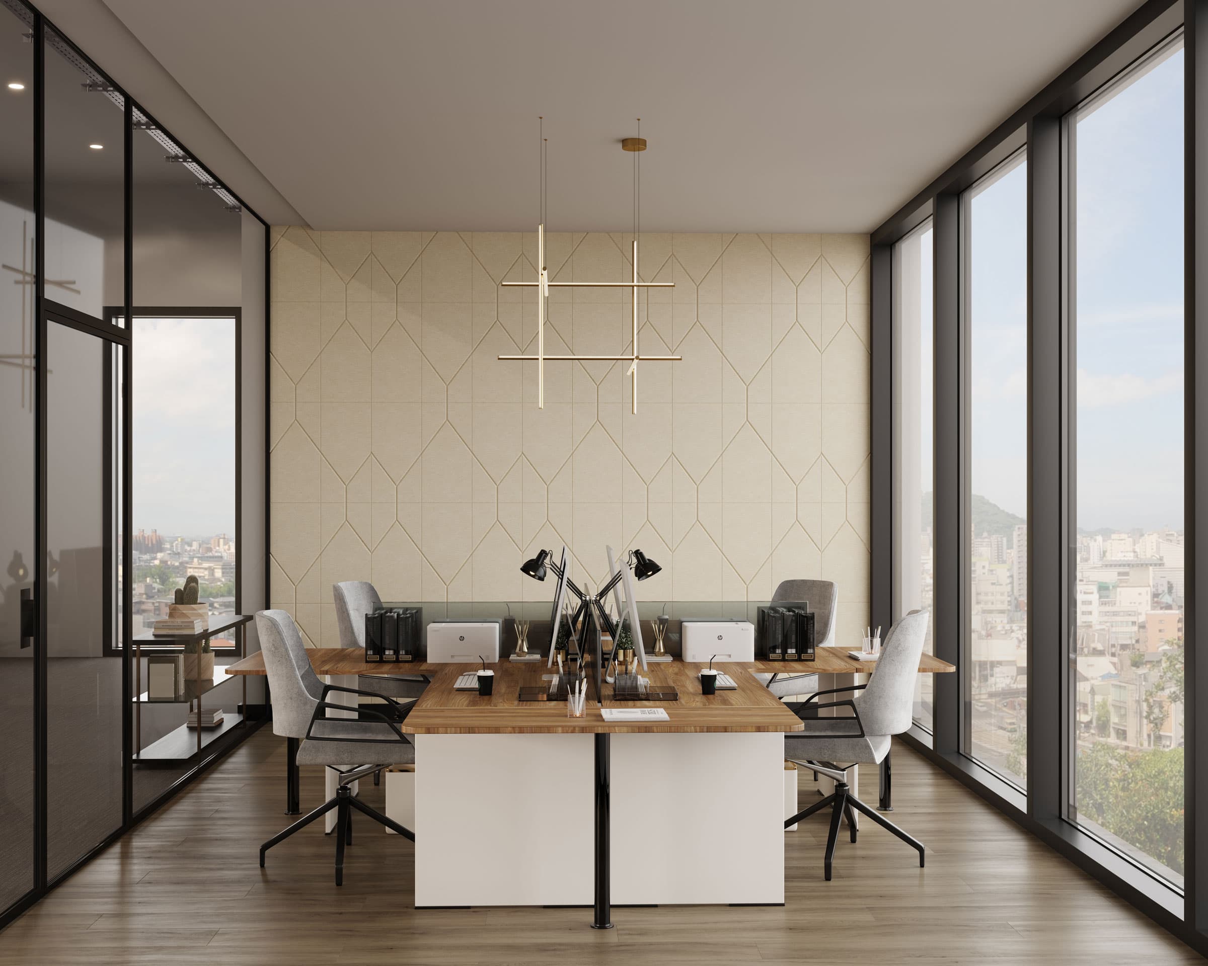 A modern office space with large windows allowing natural light to fill the room. Four desks with computers and office chairs are arranged in the center. The light-colored walls feature a geometric pattern, enhanced by acoustic felt wall tiles. Outside, a cityscape is visible through the windows.