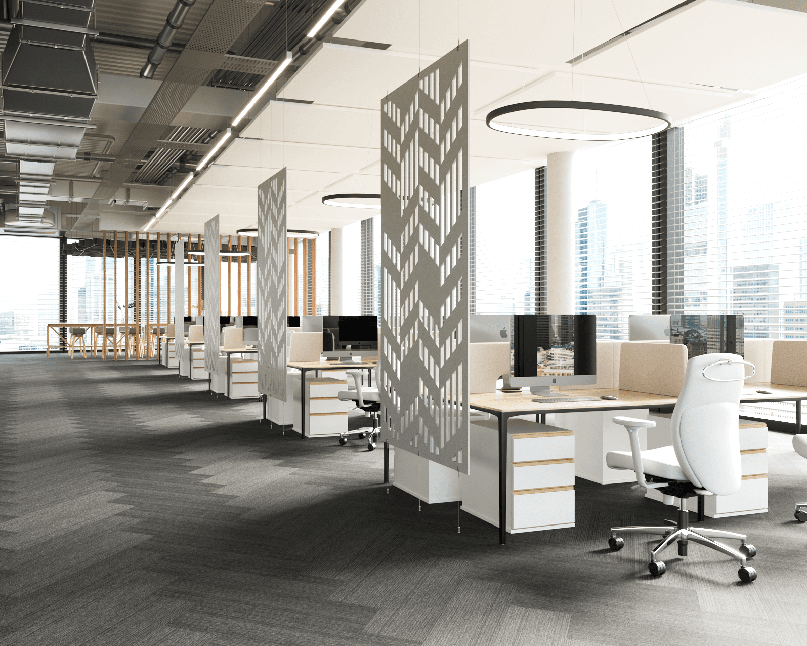 Modern open-plan office with large windows showcasing a city skyline. The space is divided by patterned partitions and equipped with sleek white desks, ergonomic chairs, and computer monitors. Rectangle acoustic felt ceiling clouds enhance the room’s brightness, creating a clean and organized atmosphere.