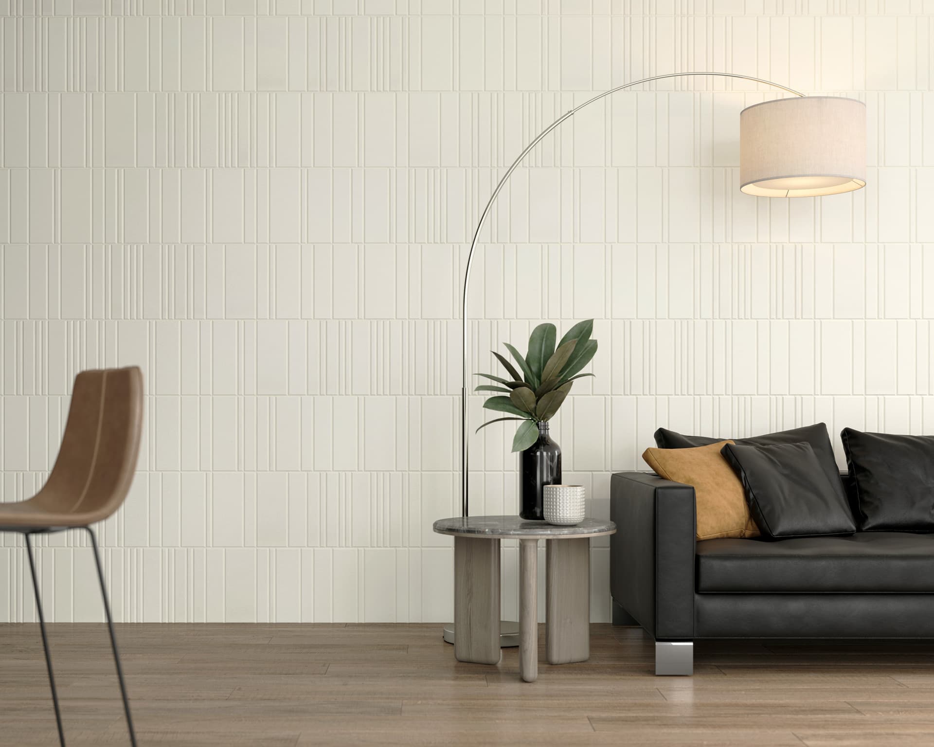 Modern living room featuring a sleek black sofa with black and beige cushions, a round side table with a potted plant and decorative items, an arched floor lamp with a white shade, and minimalistic light beige textured acoustic felt wall tiles in the background.
