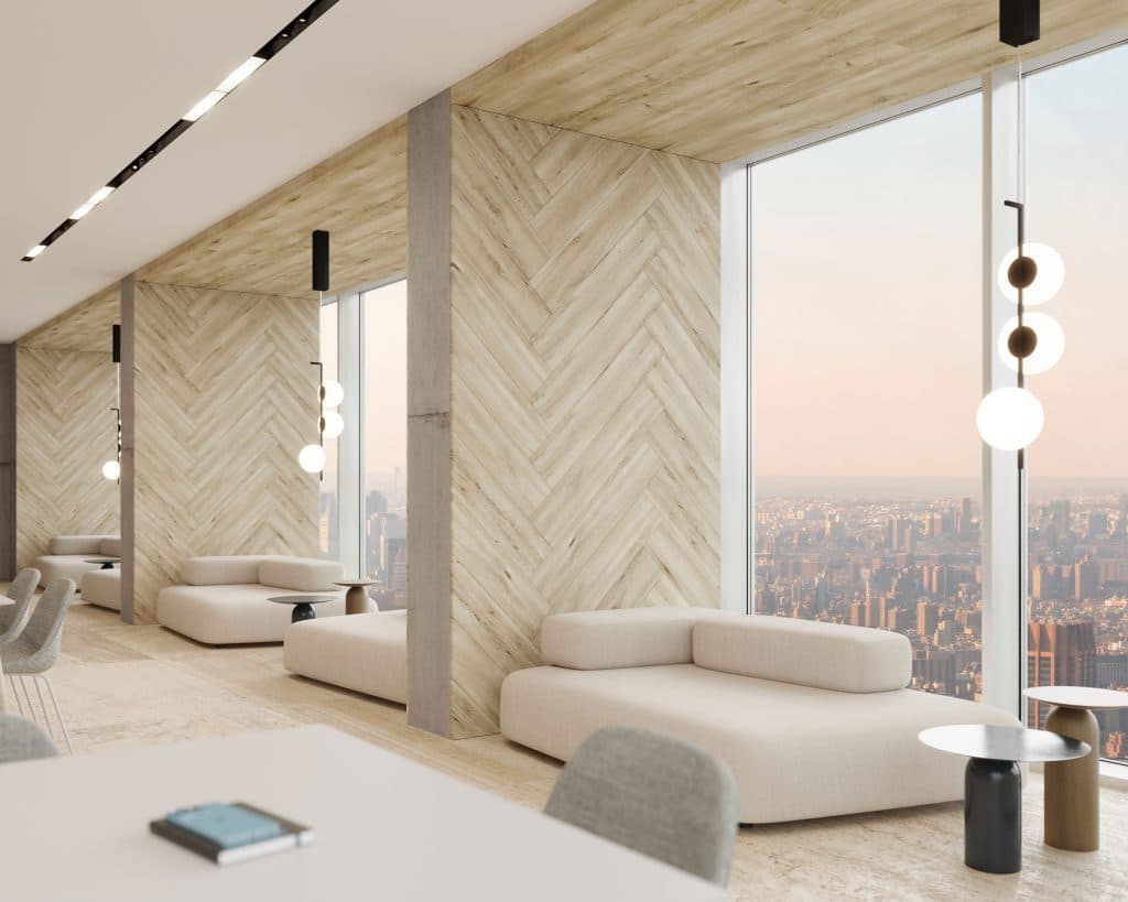 Woodgrain planks with acoustic properties installed in herringbone pattern design to manage sound.