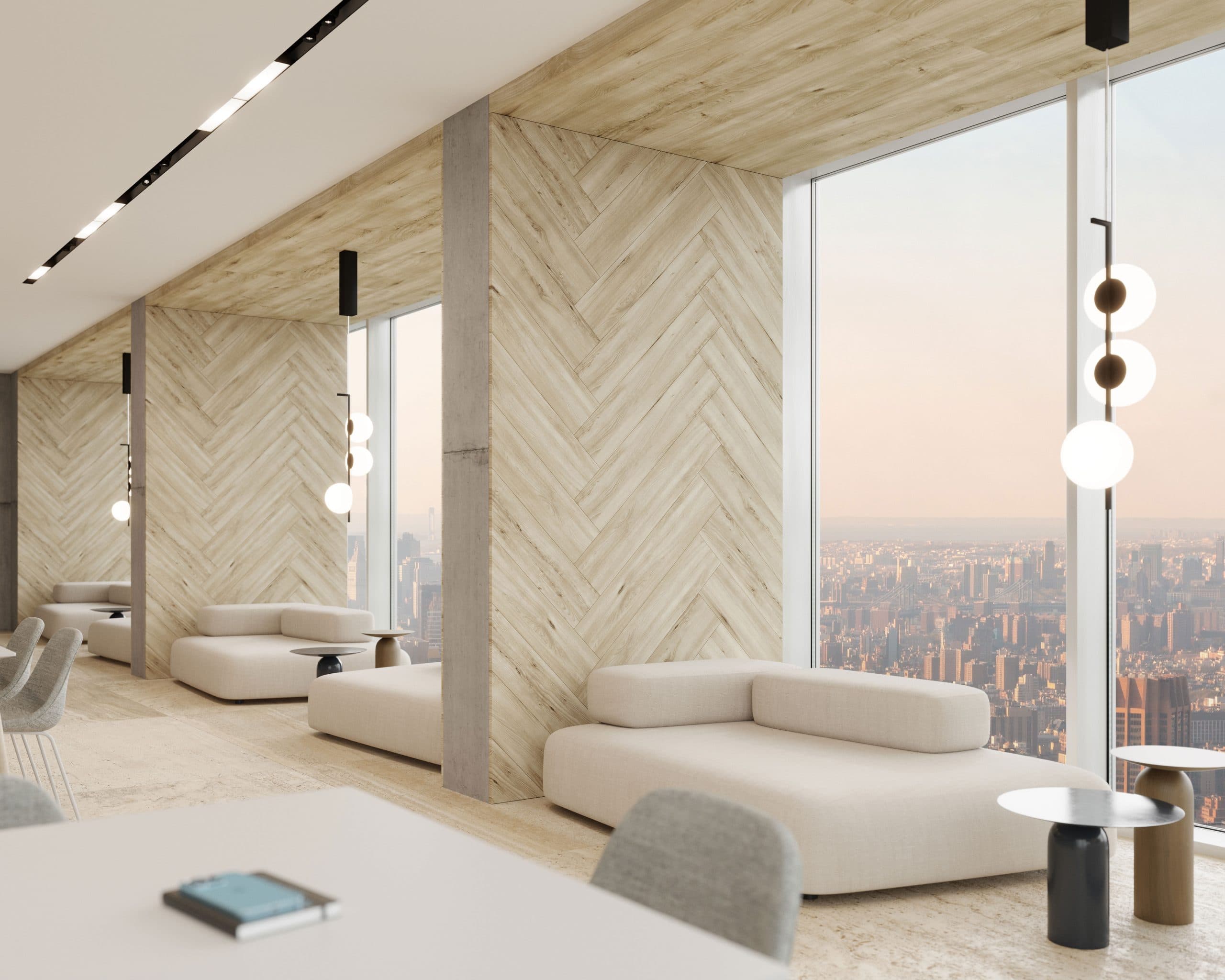 Woodgrain planks with acoustic properties installed in herringbone pattern design to manage sound.