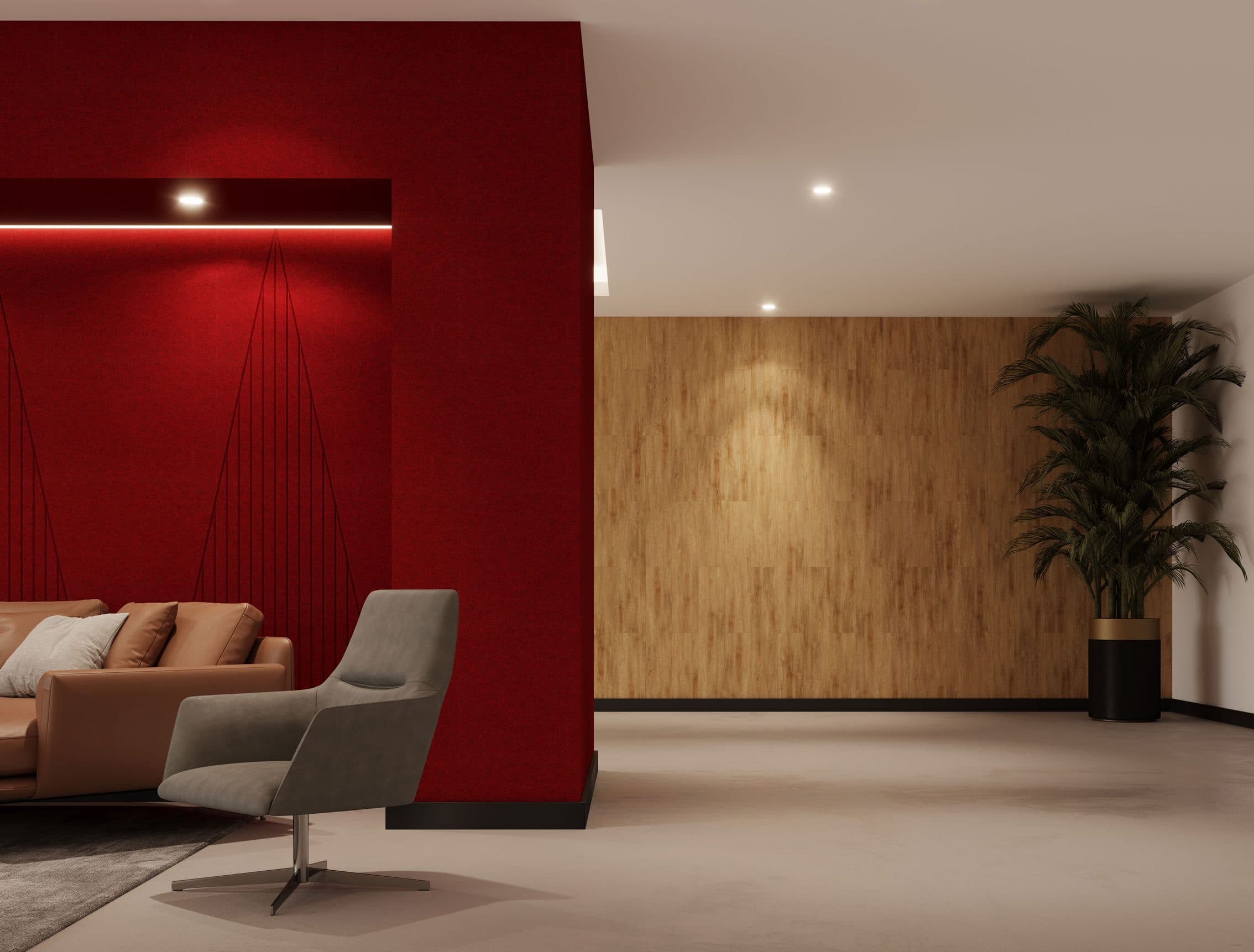 Modern interior living space with a contemporary aesthetic. Features a red accent wall, complemented by acoustic felt wall planks. Includes a beige sofa with throw pillows, a sleek grey lounge chair on the left, and a tall potted plant on the far right.