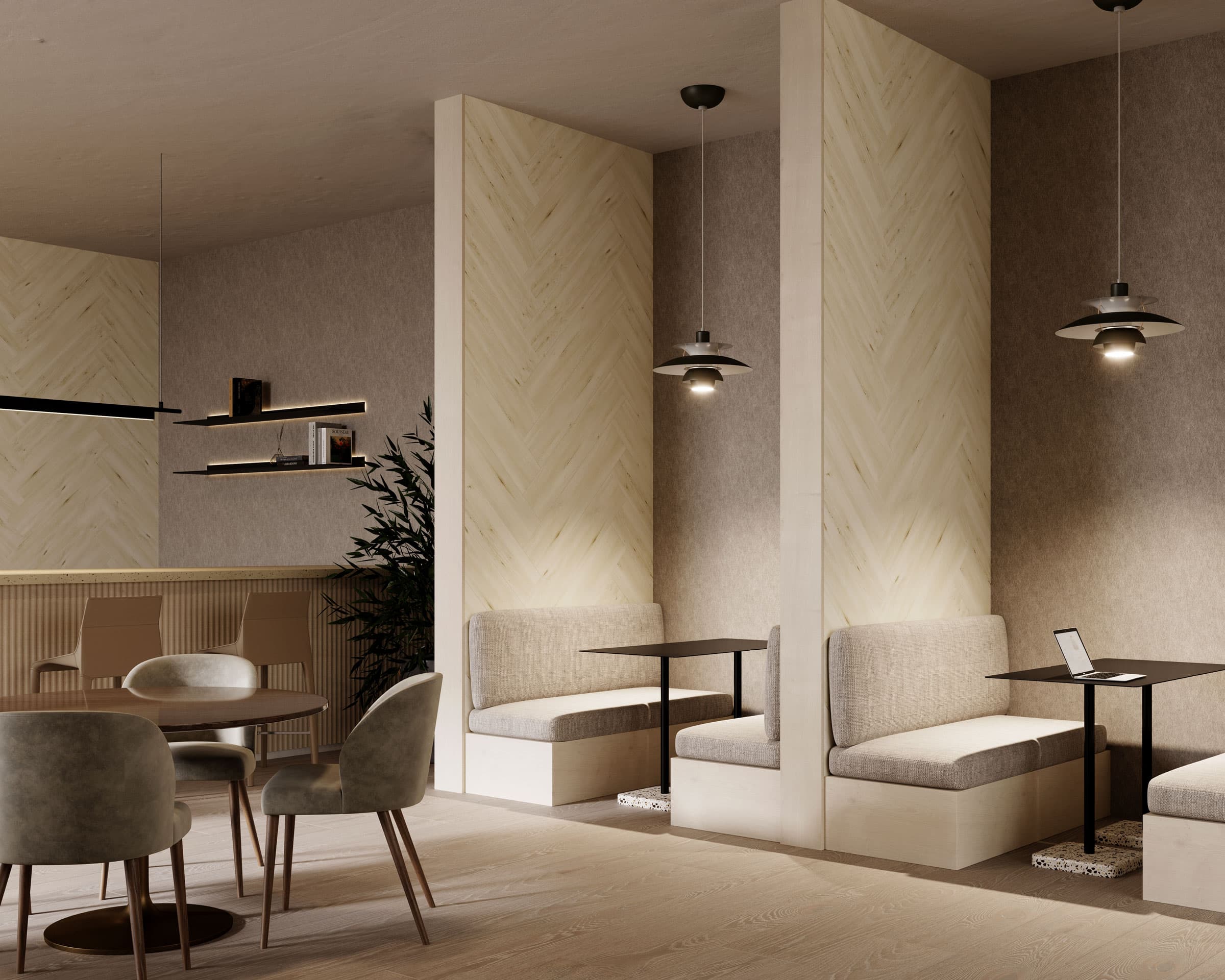 A modern café interior featuring comfortable booth seating with beige cushions, wooden tables, and hanging pendant lights. Acoustic felt wall planks enhance the ambiance alongside round tables with chairs, minimalist shelves displaying decor items, and a plant adding a touch of greenery.