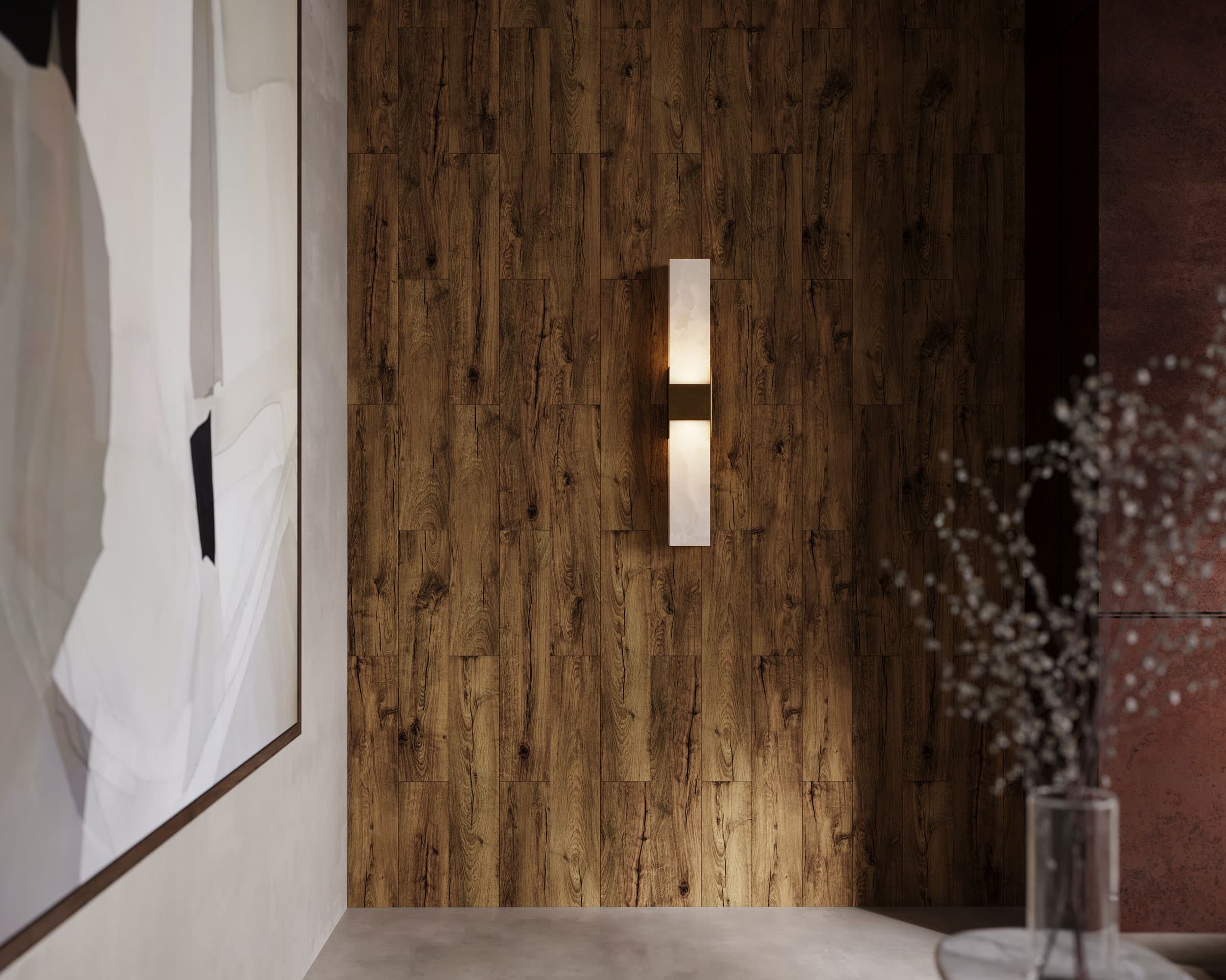 Acoustic planks in woodgrain pattern applied to wall for sound dampening.