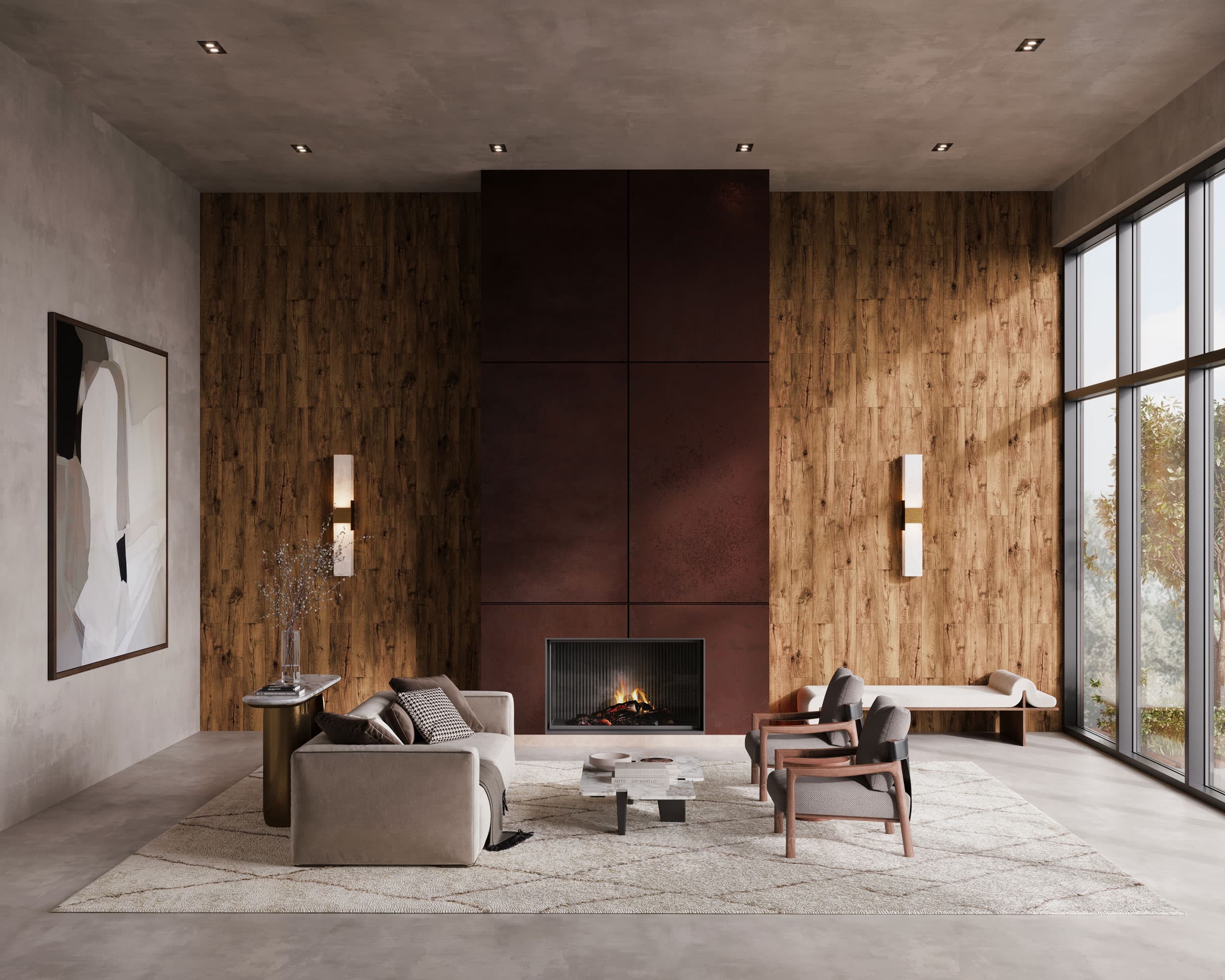 A contemporary living room with a high ceiling features a central fireplace. The space includes modern furniture, large minimalist artwork on the wall, and acoustic felt wall planks. Floor-to-ceiling windows and recessed lights illuminate the room with both natural light and spotlighted glow.