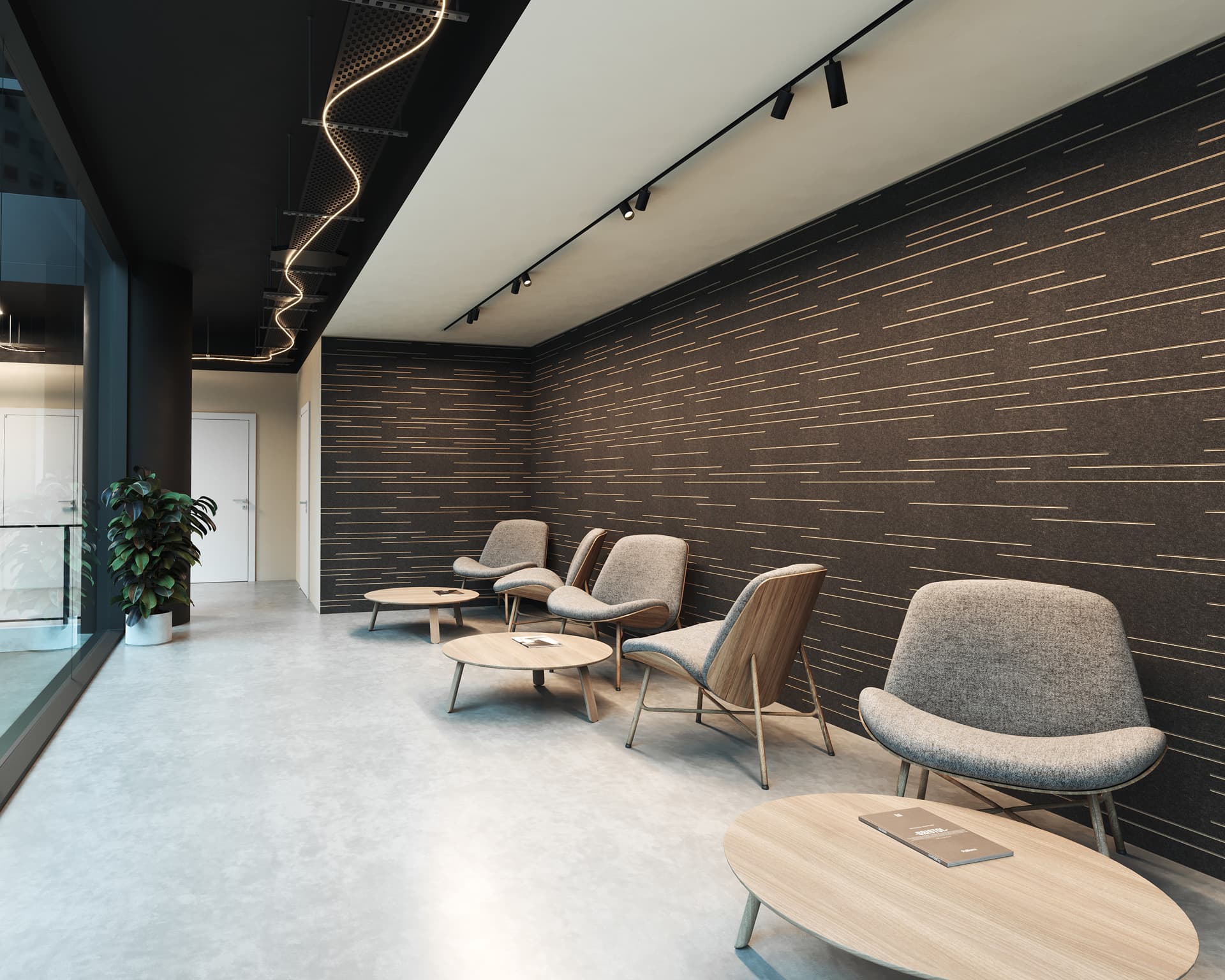 A modern waiting area with a dark, textured acoustic felt wall panel and sleek, minimalistic furniture. The space features four grey chairs paired with round wooden tables, a potted plant in the corner, and a unique overhead light fixture. A glass partition is on the left side.