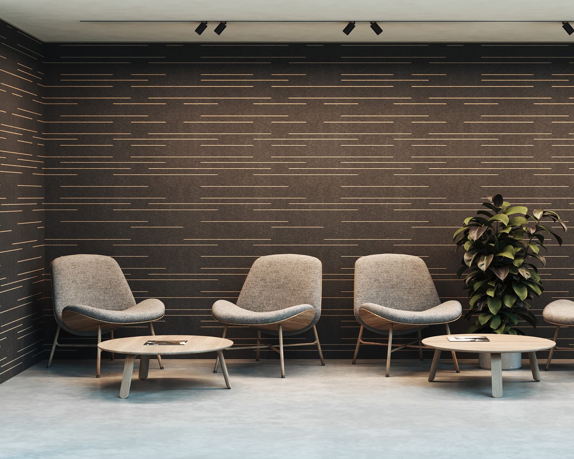 A modern waiting room features a set of gray upholstered chairs with wooden frames. A sleek wooden coffee table with magazines sits in front of the chairs. The backdrop is an acoustic felt wall panel with a dark pattern, and there is a potted plant in the corner.