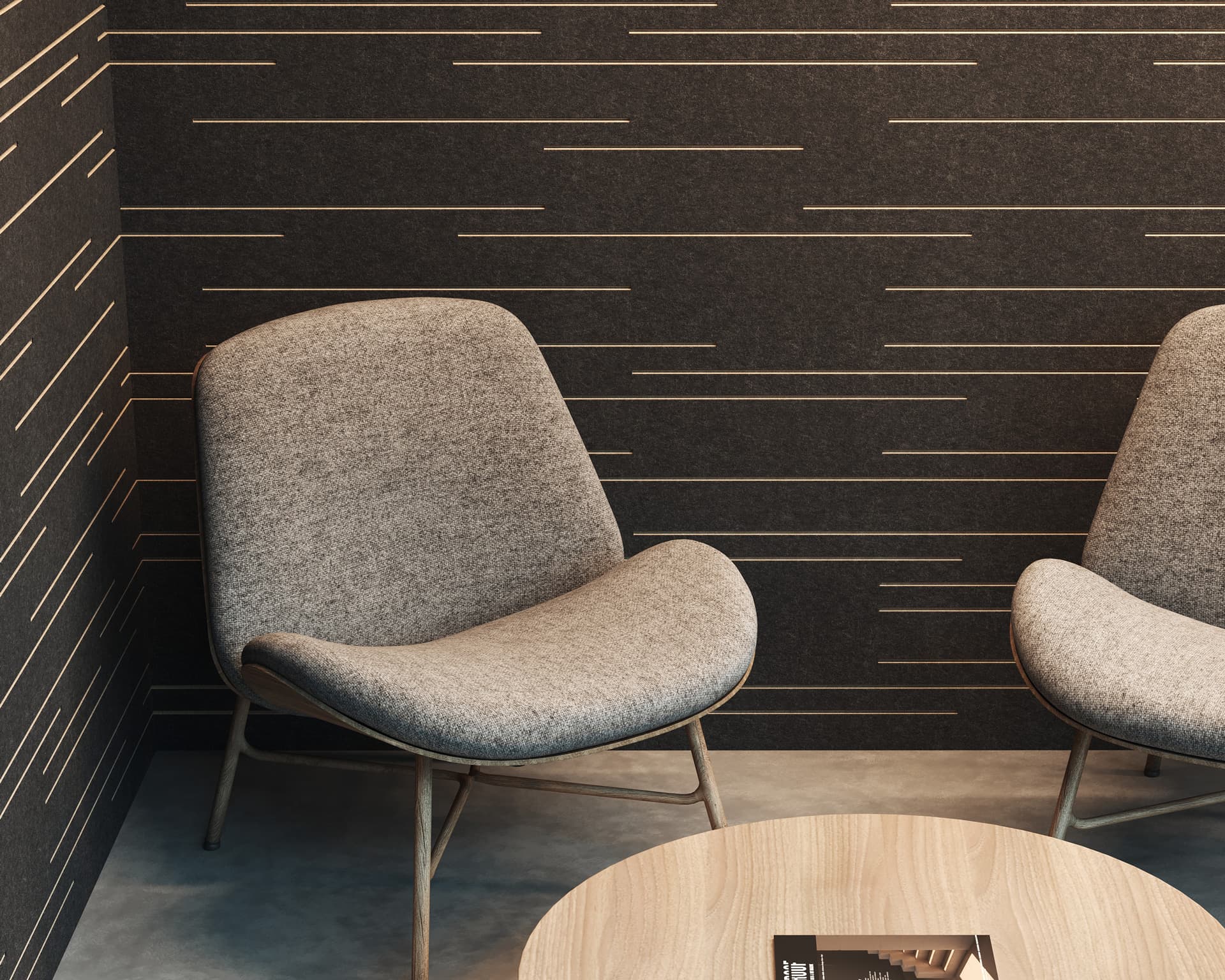 A modern waiting area with two gray upholstered chairs, a round wooden table, and dark walls adorned with subtle horizontal light lines and acoustic felt wall panels. The table holds a single item, possibly a magazine or book, creating a calm and minimalistic ambiance.