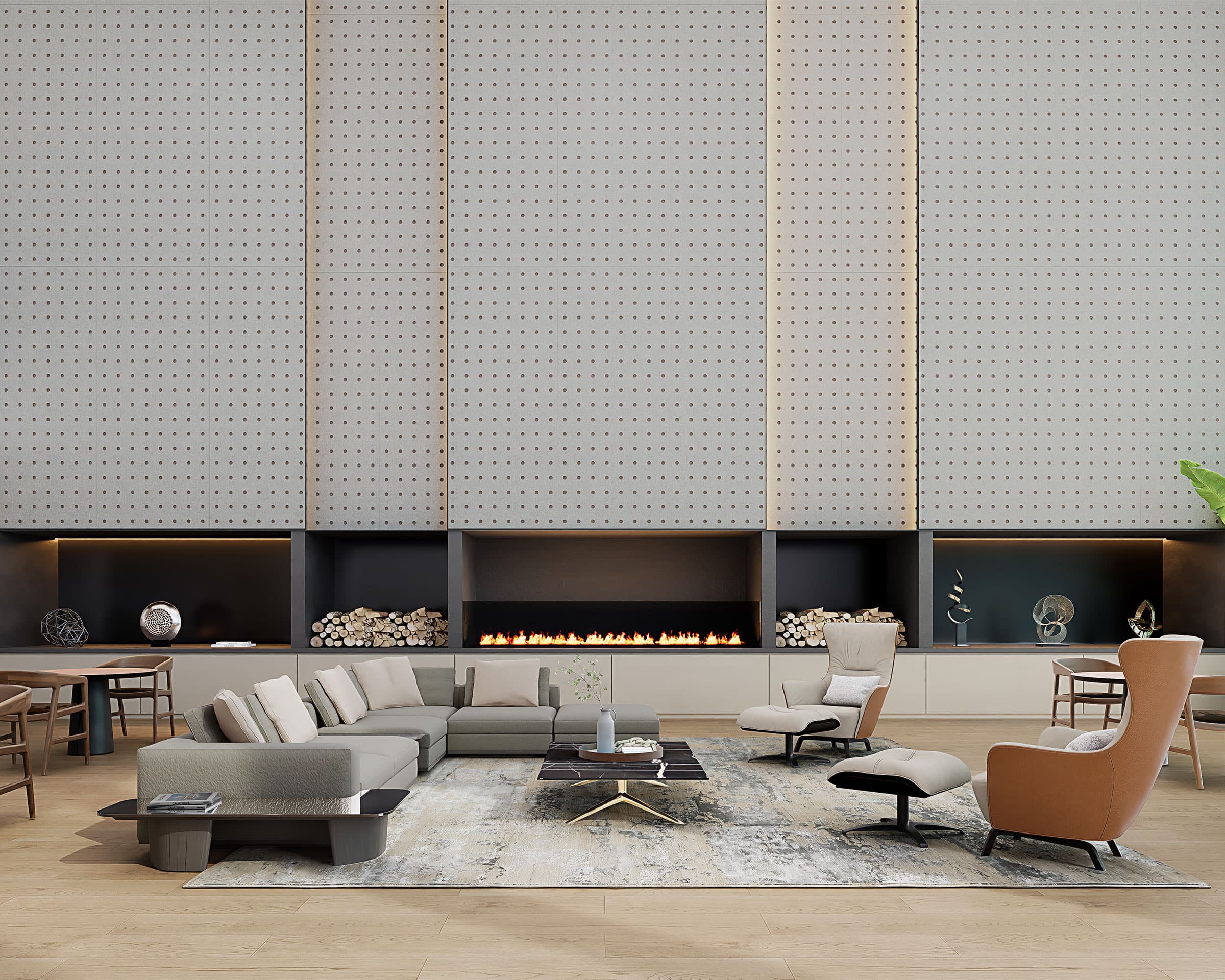 A modern living room features a large sectional sofa with a mix of beige and gray upholstery, several armchairs, a sleek rectangular coffee table, and a large, built-in fireplace below a high, patterned wall adorned with circle acoustic felt panels. The room is decorated with minimalist accents and artwork.