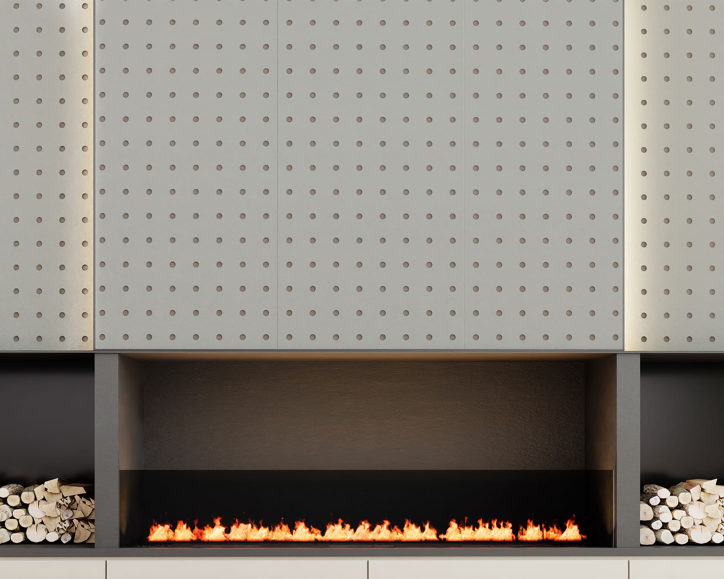 A modern fireplace with a wide, rectangular opening showcasing a long, horizontal line of flames. The surrounding wall features circle acoustic felt wall panels, with vertical storage areas on either side filled with neatly stacked firewood.