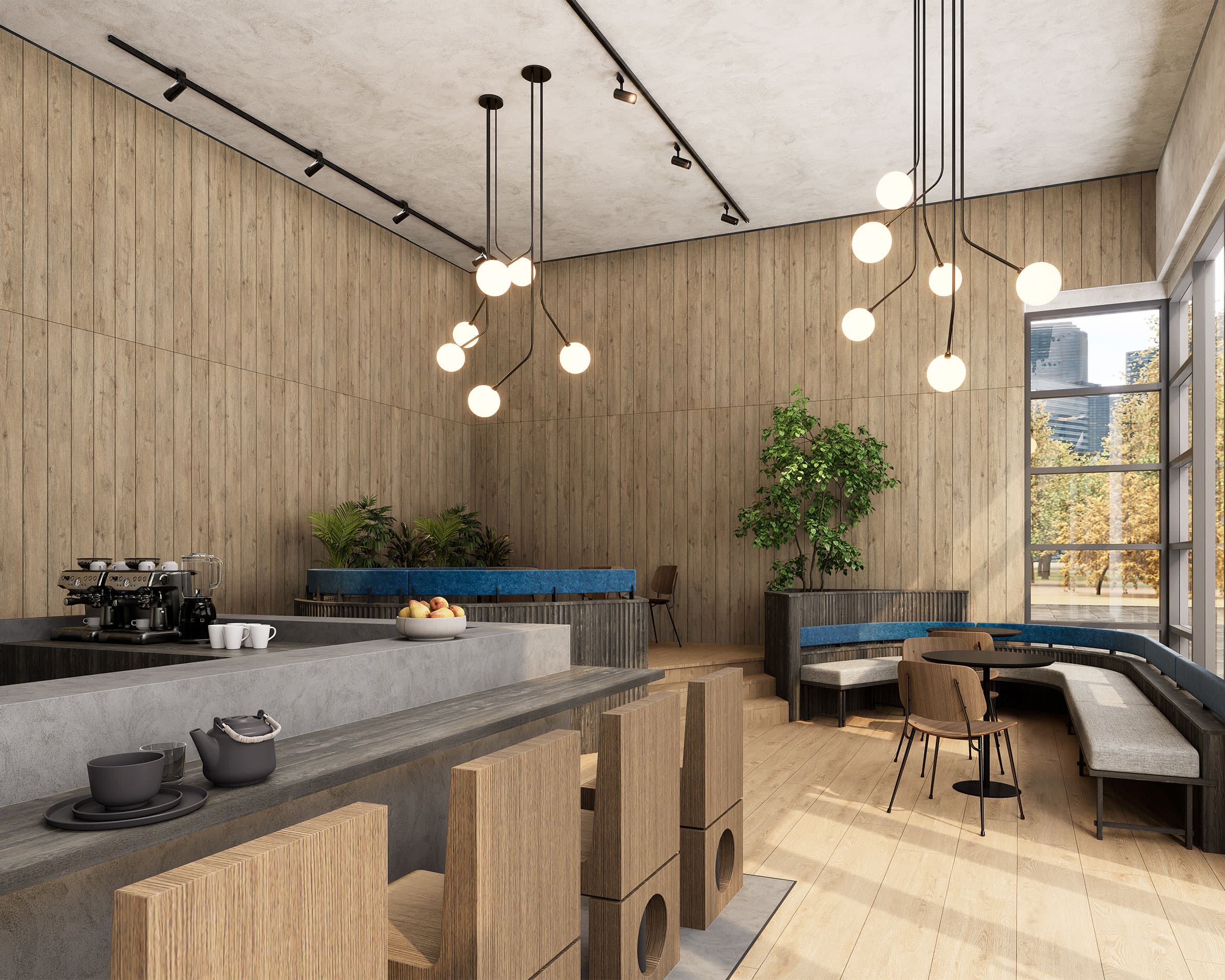 A modern, minimalistic café features wooden walls and flooring, accented with acoustic felt wall slats. Large windows with sunlight streaming in illuminate the bar seating at a concrete counter, round tables with chairs, and a corner booth. Pendant lights hang from the ceiling, and plants add greenery.