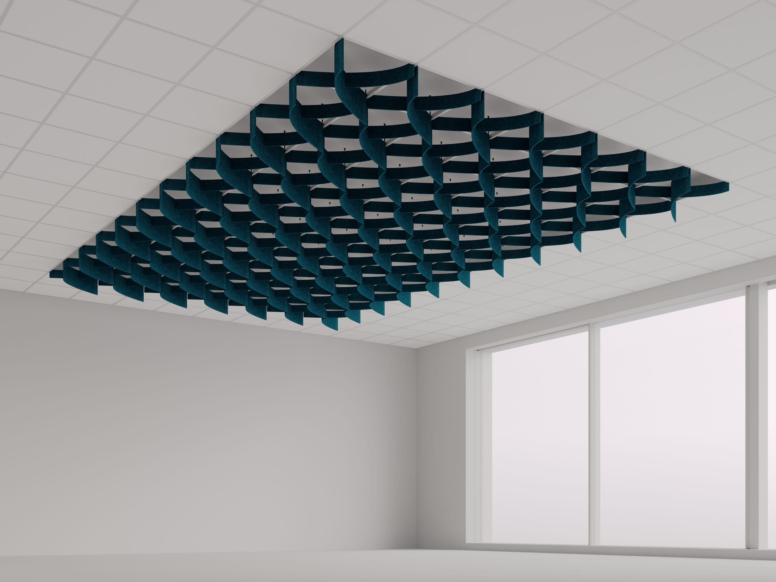 A custom geometric patterned T-grid acoustic ceiling grid in a cool blue hue, designed to reduce noise and add a contemporary touch to the decor.