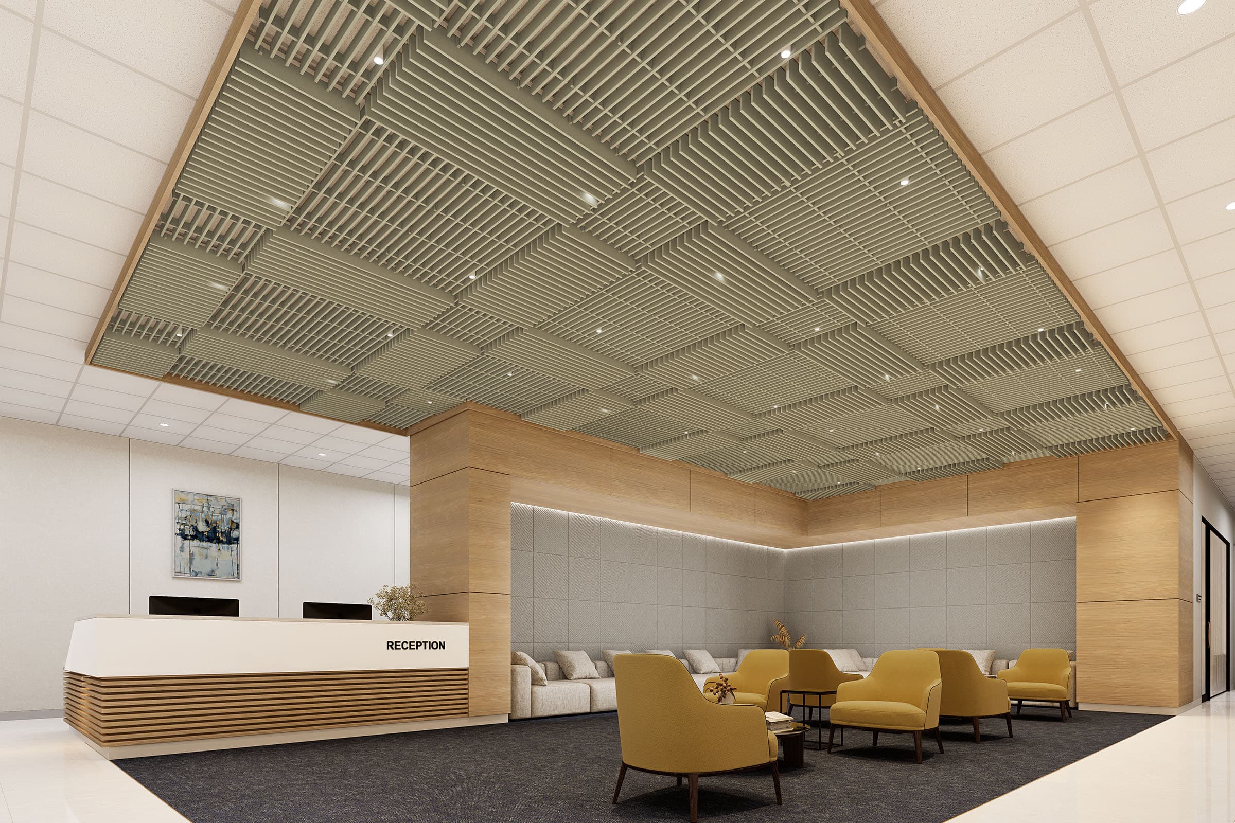 A modern reception area with a sleek white reception desk labeled "RECEPTION" on the front. Behind the desk are two black monitors. The space features warm wood paneling, a gray accent wall, several mustard-colored armchairs, and a contemporary rail road acoustic felt ceiling design.