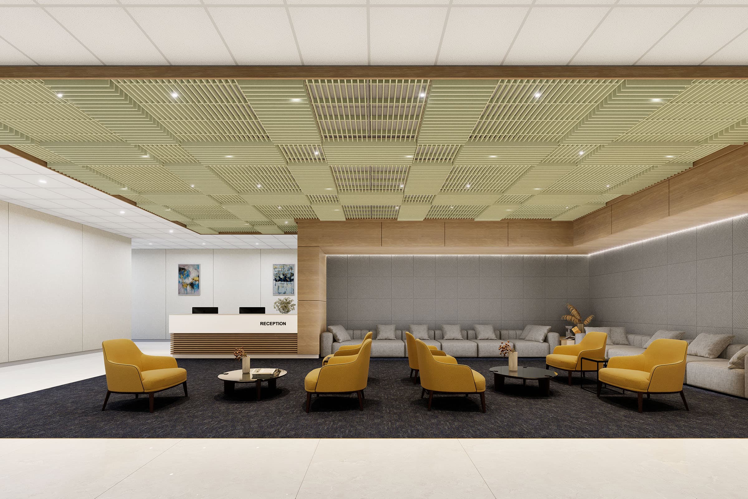 A modern reception area features a reception desk with a sign on it, and two artworks hanging on the wall behind. The seating area includes yellow armchairs and dark tables arranged on a dark carpet, while acoustic felt ceiling panels and wooden detail above complement the design.