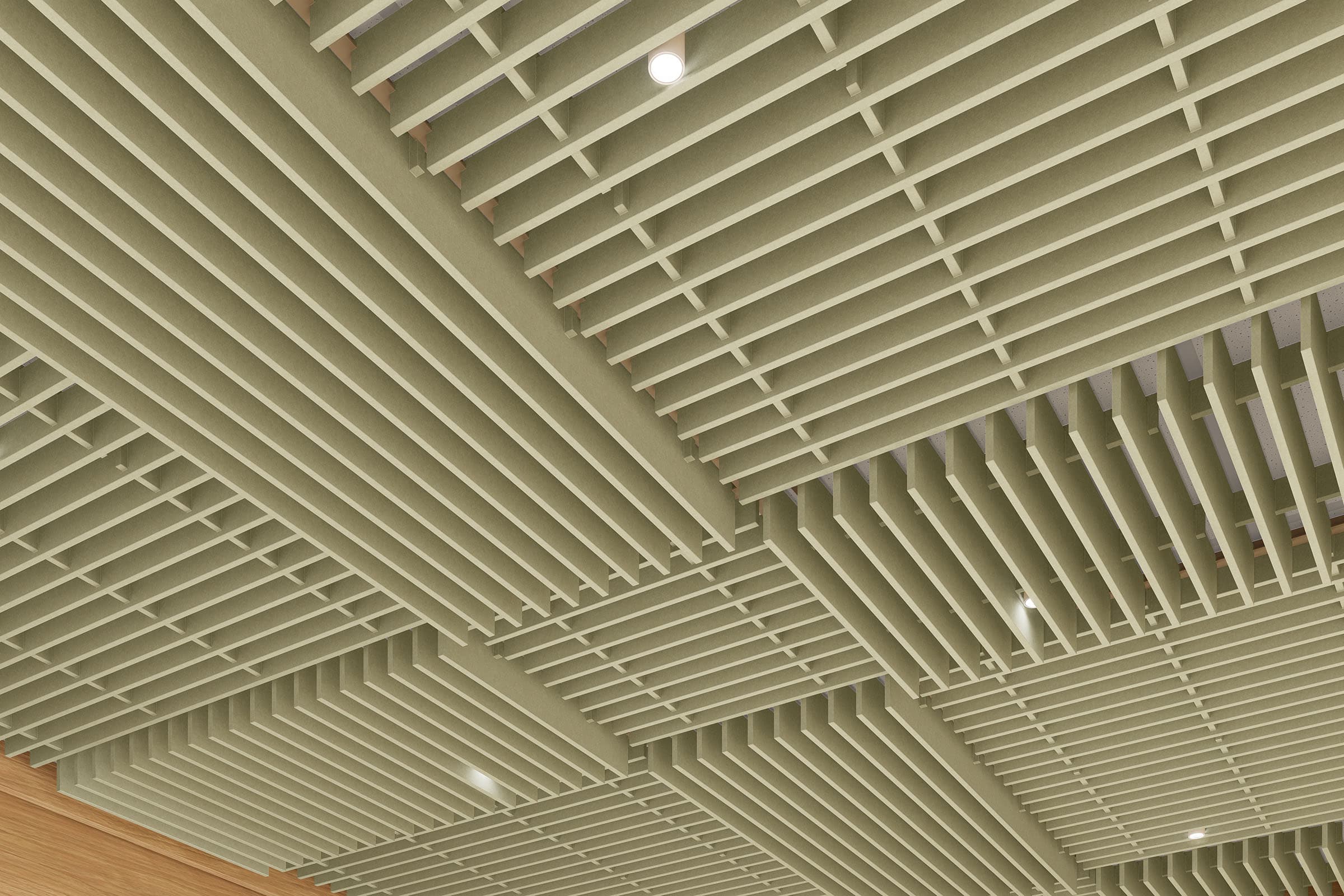 The image shows a ceiling with a grid-like design made of rectangular, parallel slats in a light green color. Recessed lights are embedded within the ceiling, casting a soft glow on the slats, reminiscent of rail road tracks. The pattern creates a modern, textured appearance with excellent acoustic properties.