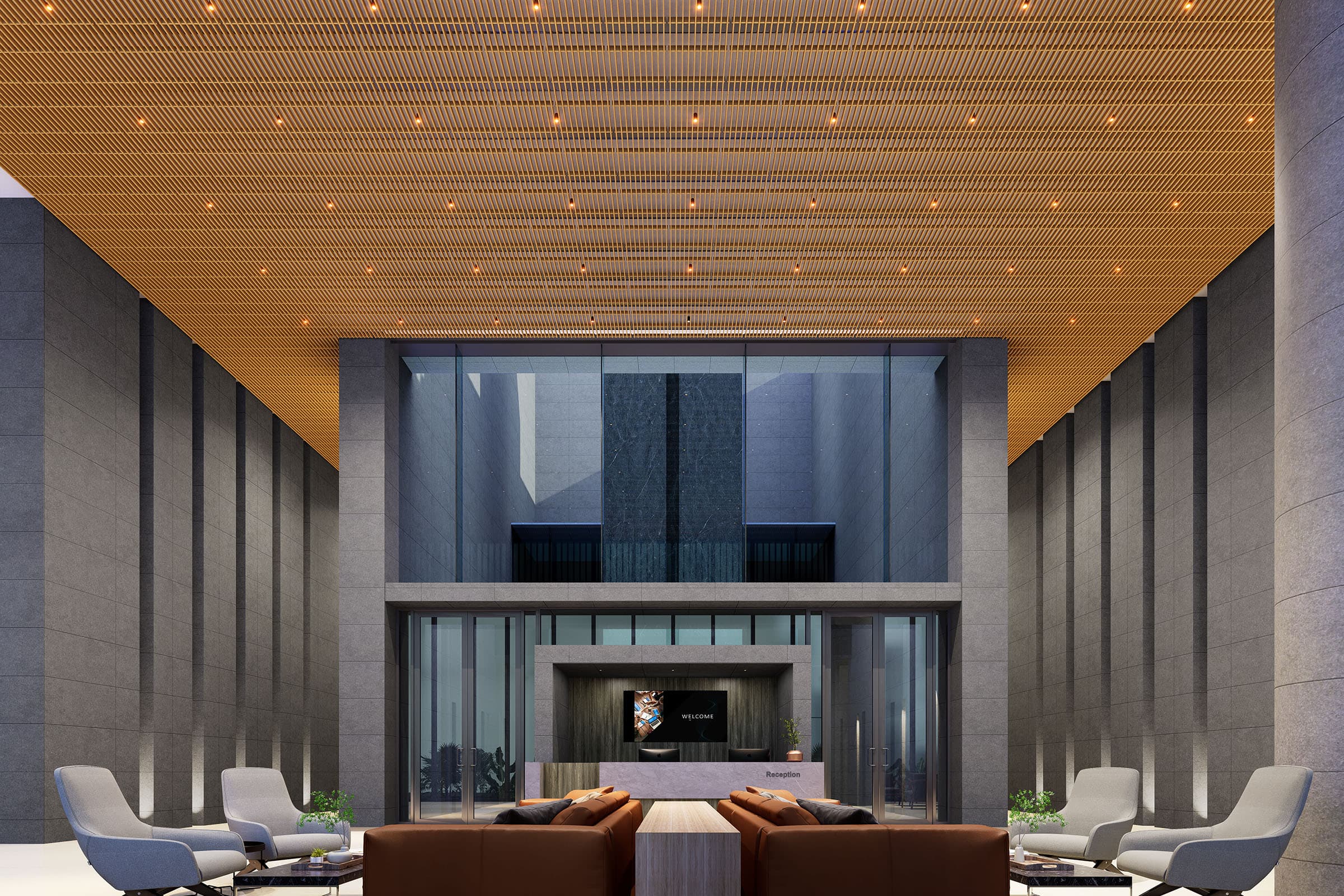 A spacious modern office lobby with high ceilings and a grid-patterned acoustic felt ceiling frame. The area is furnished with comfortable seating, including sofas and armchairs, and a central wooden table. The reception desk is visible in the background.