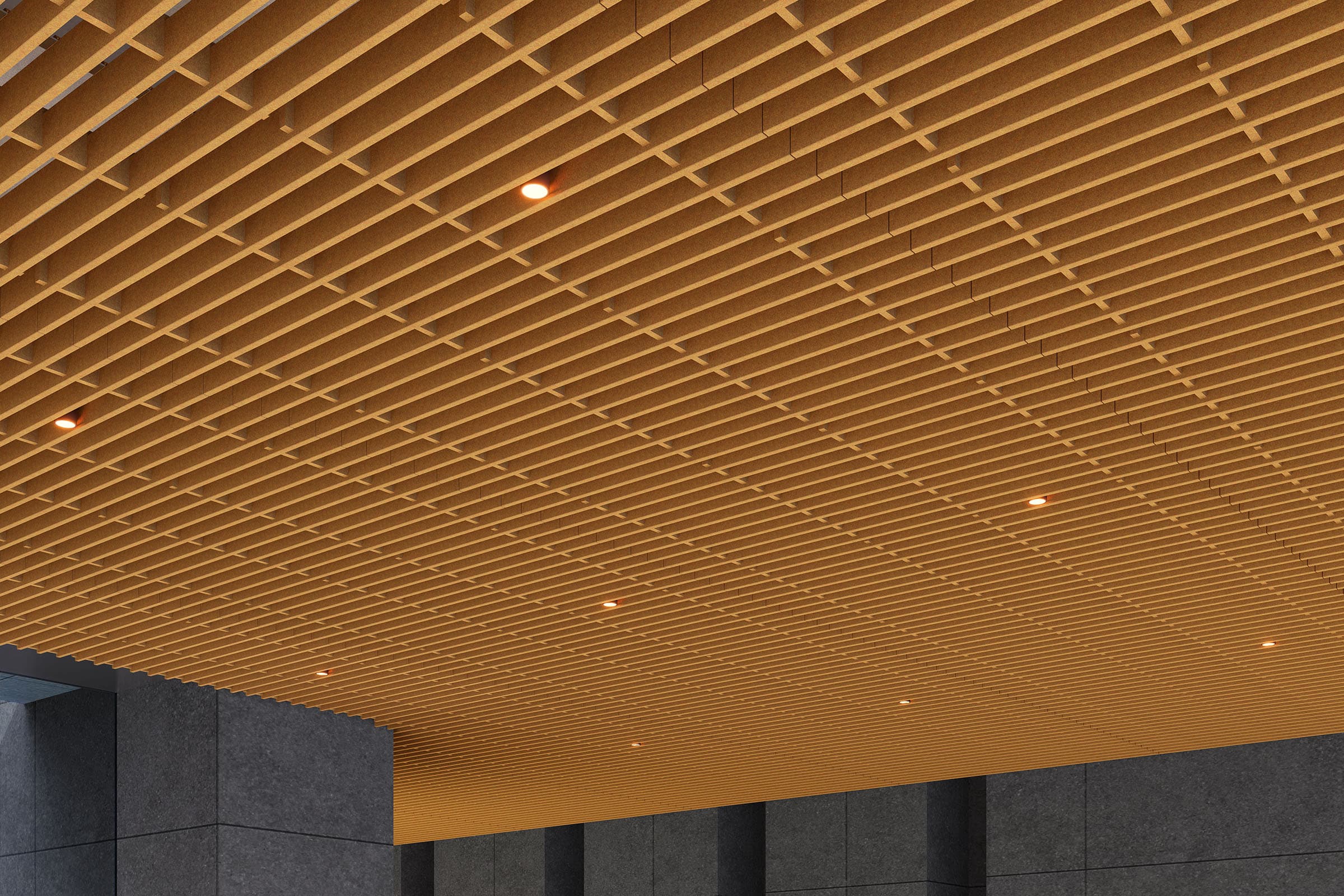 A modern indoor ceiling featuring a grid pattern made of acoustic felt slats, illuminated by several small recessed lights. The walls are finished with dark gray stone panels, adding to the contemporary architectural style.