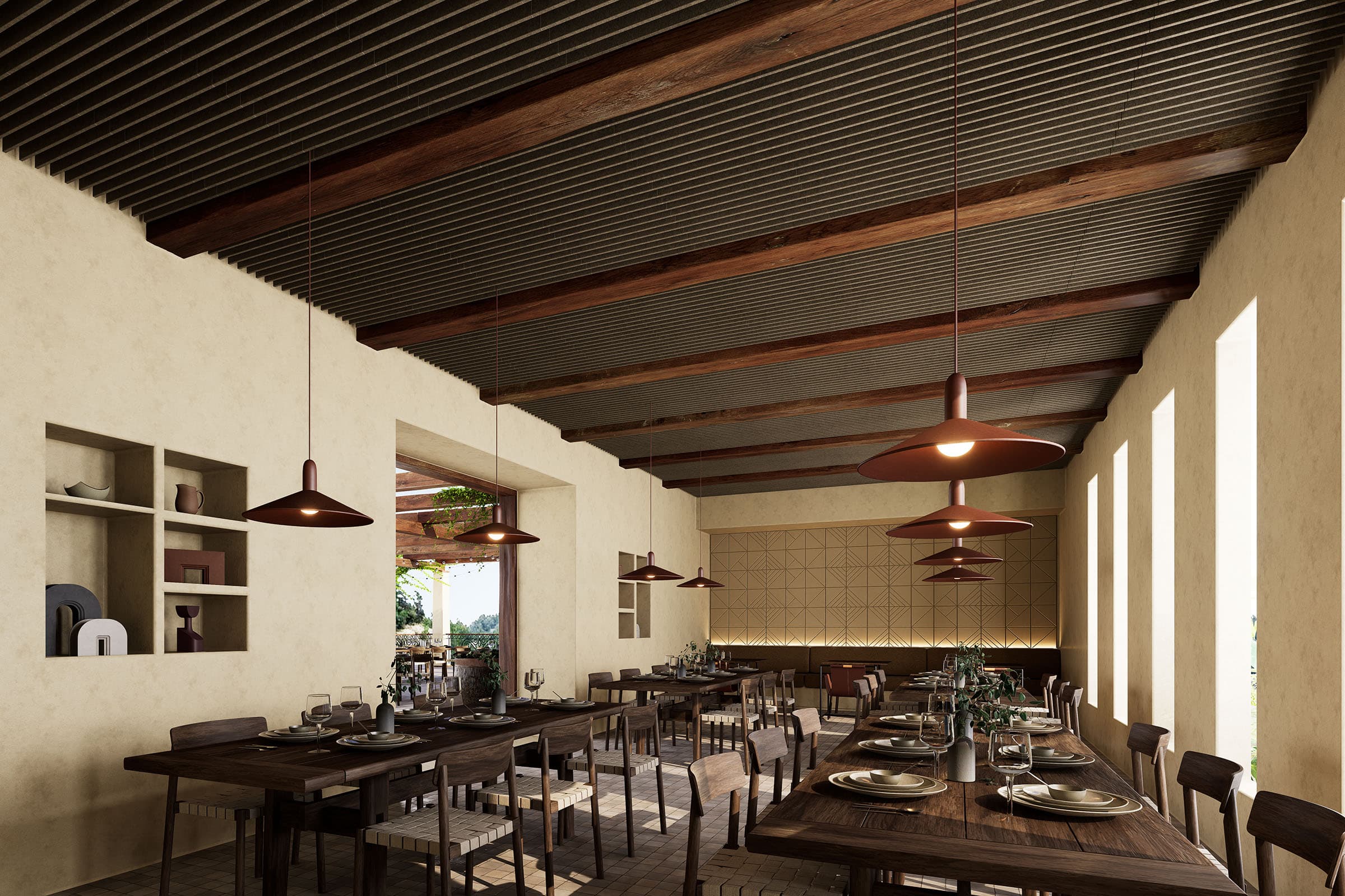 A modern restaurant interior with wooden tables and chairs, hanging pendant lights, and a high ceiling featuring exposed beams and acoustic felt. Shelves with decor and large windows bring natural light into the space. Tables are set with plates and cutlery, creating a cozy, welcoming atmosphere.