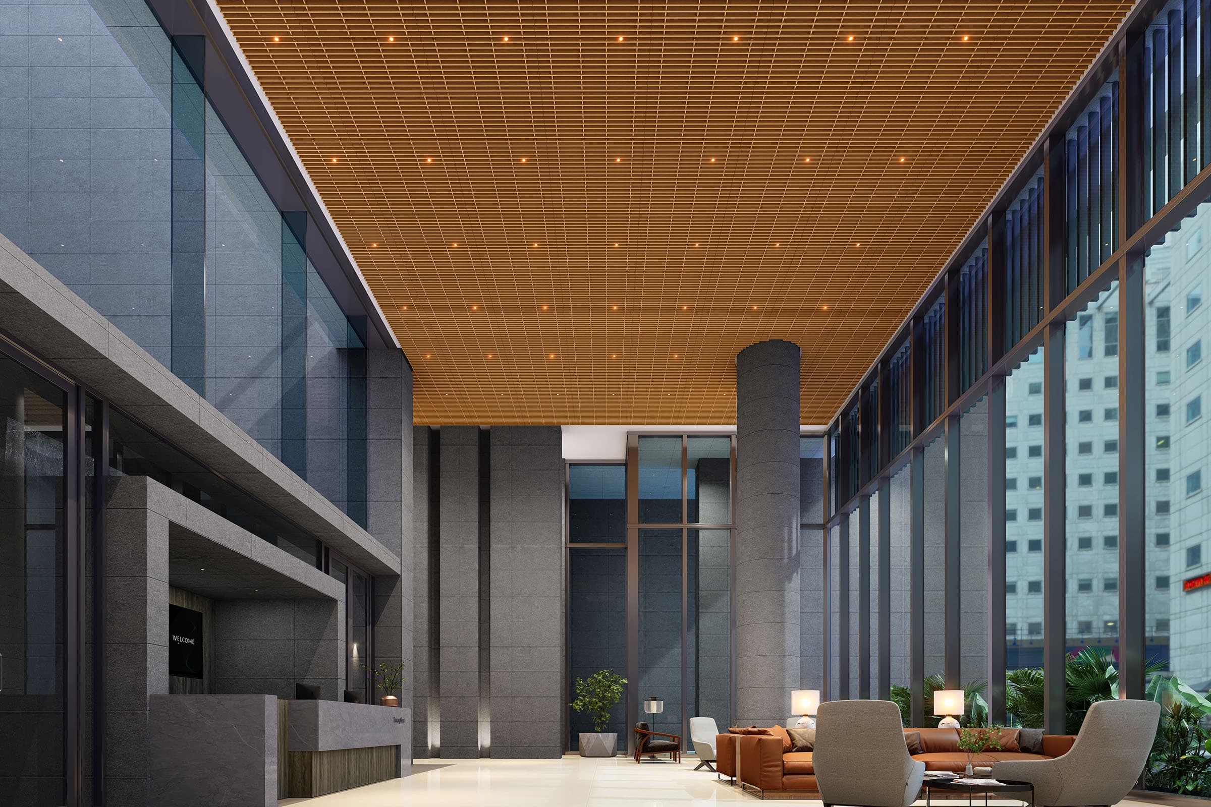 A spacious, modern lobby with high ceilings, a wooden grid acoustic felt ceiling design, and full-length windows letting in natural light. The area features a reception desk, seating with sofas and chairs, potted plants, and tall pillars. Urban buildings are visible outside.