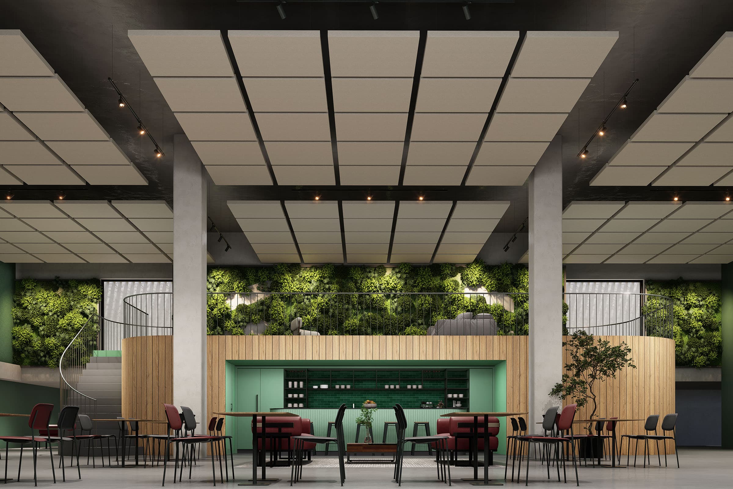A modern, spacious interior with an open ceiling adorned with acoustic felt ceiling clouds, featuring a green wall with plants, a staircase on the left, and a bar area in the center with wooden and mint green accents. Red and black chairs surround tables in the foreground. Pendant lights hang from the ceiling.