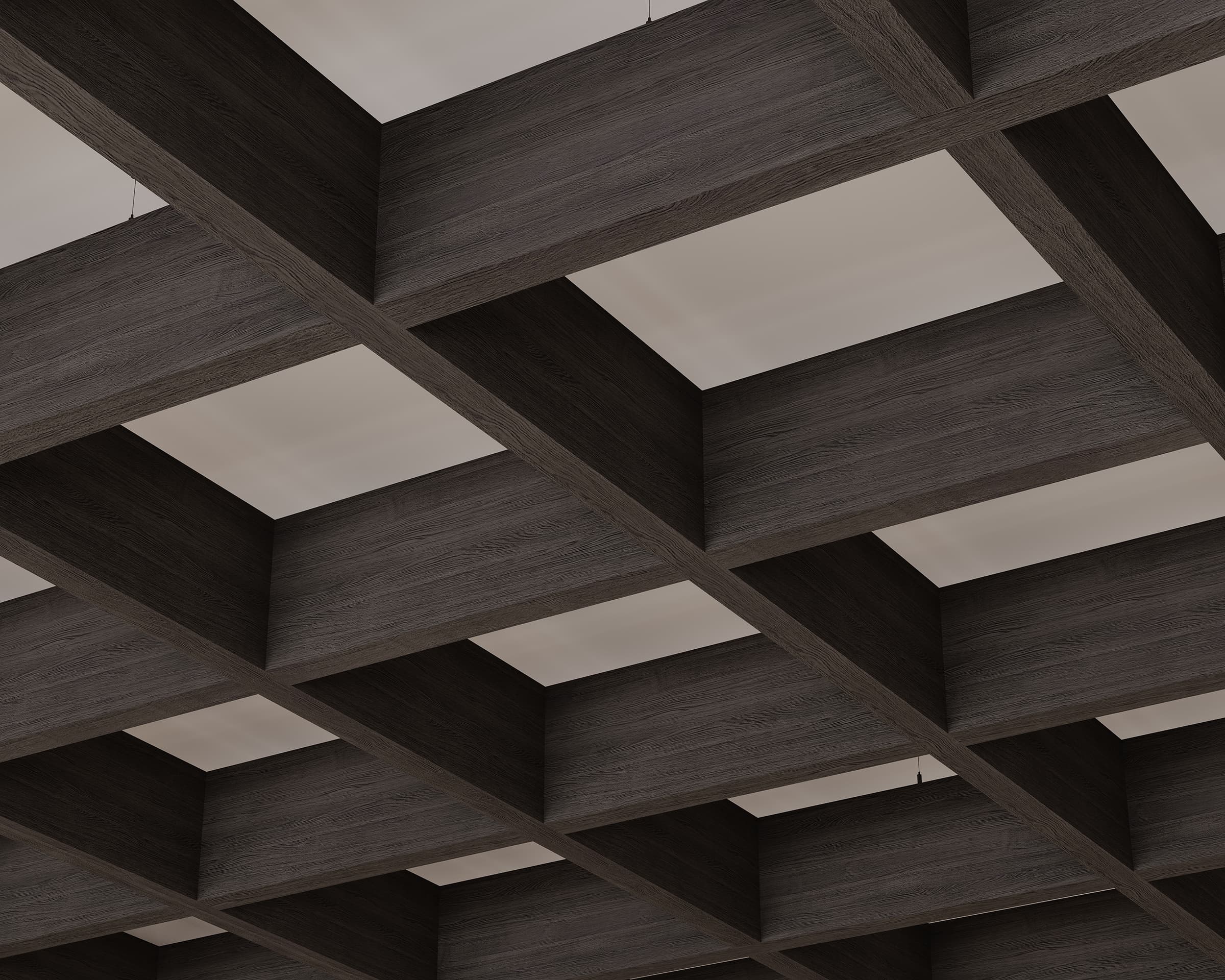 A close-up view of a dark acoustic felt ceiling with a grid pattern. The beams create a series of square recesses, offering a geometric design with a modern feel. Integrated within the framework is acoustic felt, enhancing both aesthetics and sound quality in the minimalist space.