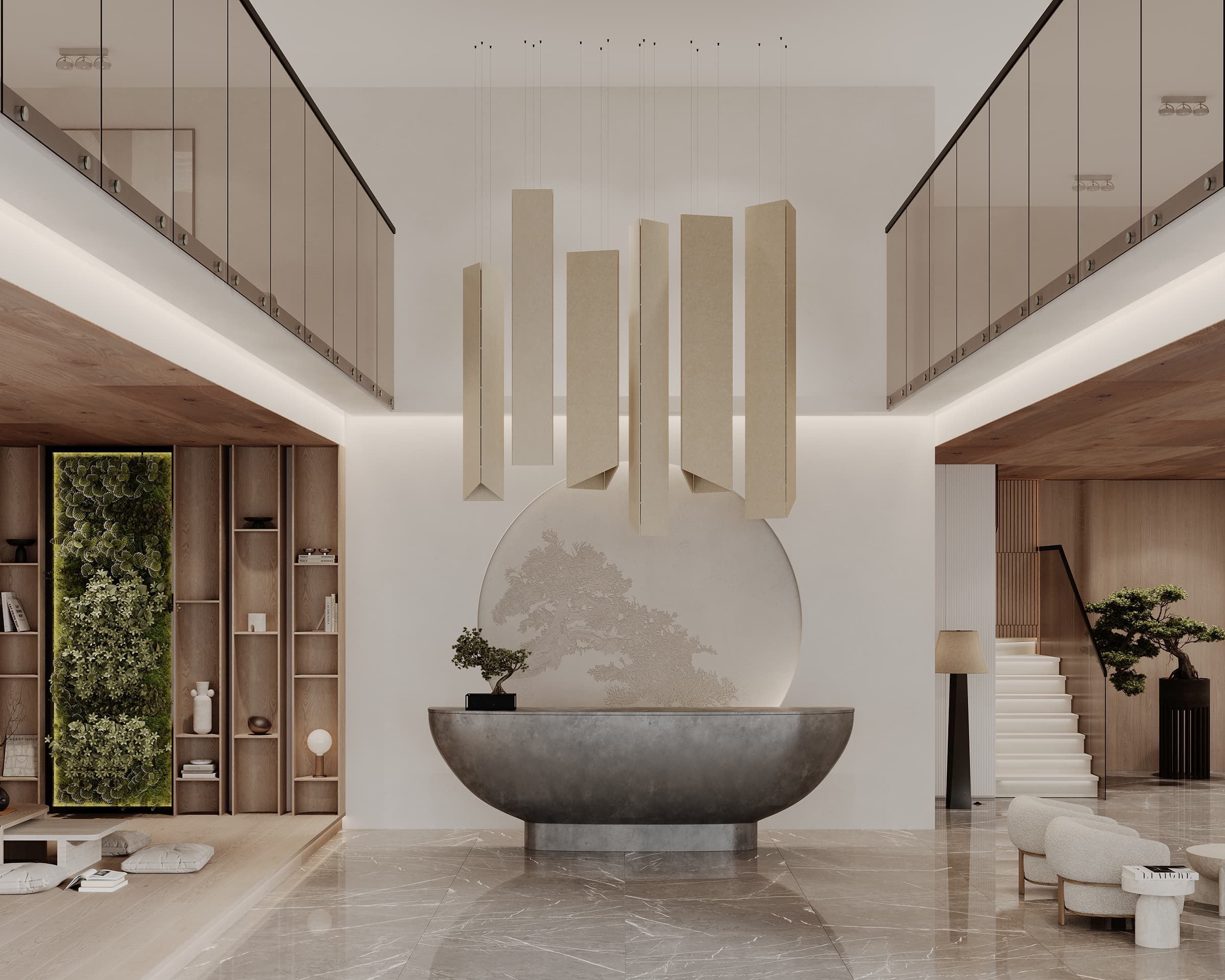 Modern luxury bathroom with an elegant freestanding bathtub, harmonious indoor greenery, and sophisticated minimalist decor, illuminated by chic quiet pendant clouds hanging from the ceiling.