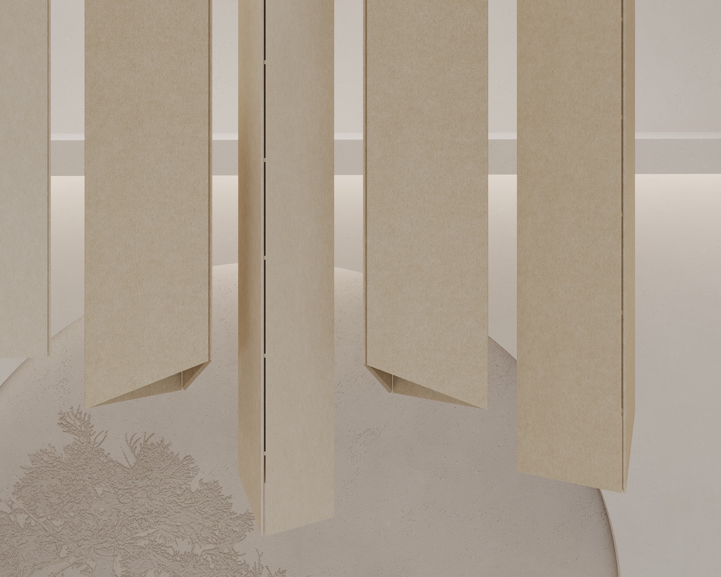 Abstract view of vertical pendants casting soft shadows on the quiet ceiling in a minimalist interior.