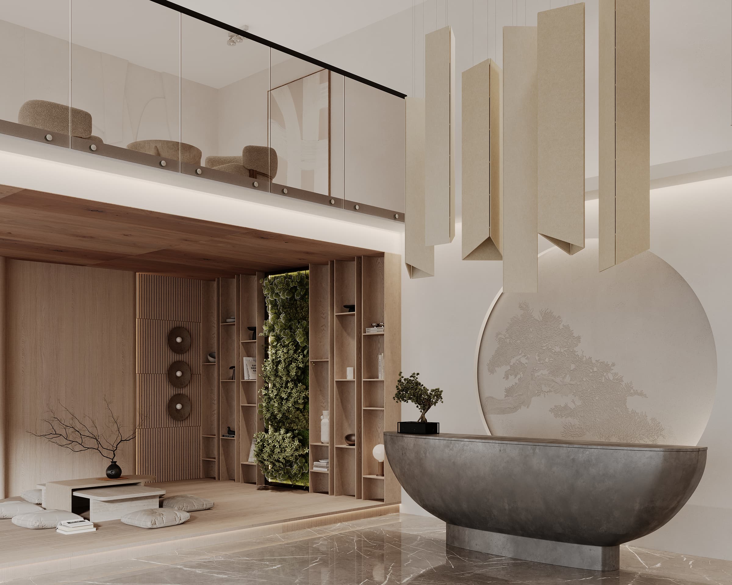 Modern zen-inspired bathroom with a large, round stone bathtub as the centerpiece, surrounded by wooden elements, greenery walls, and hanging geometric pendant clouds, creating a serene and naturalistic space.