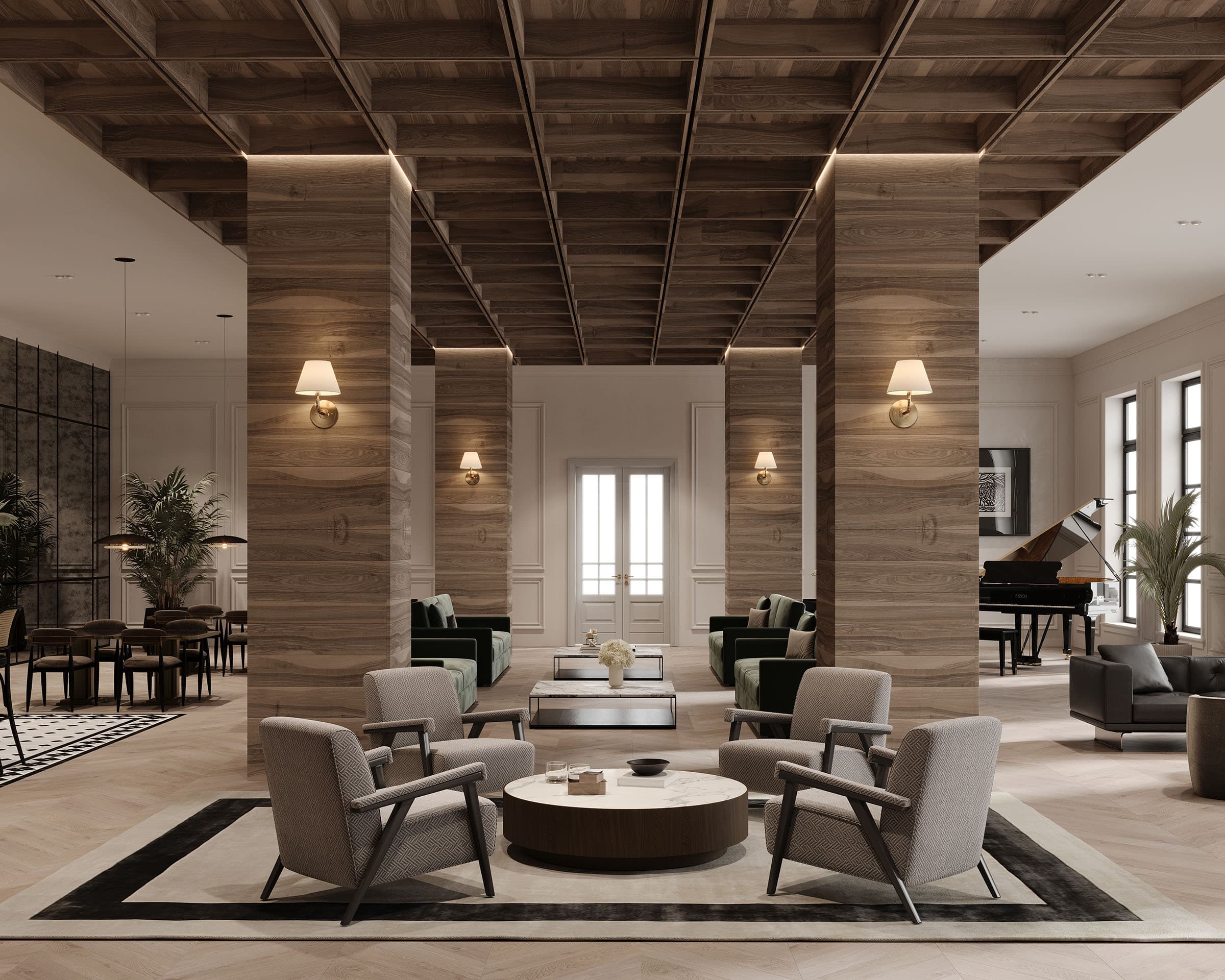 A spacious modern living room featuring high waffle grid ceilings, elegant gray armchairs around a circular wooden coffee table, large windows at the back, and a grand piano in the corner.