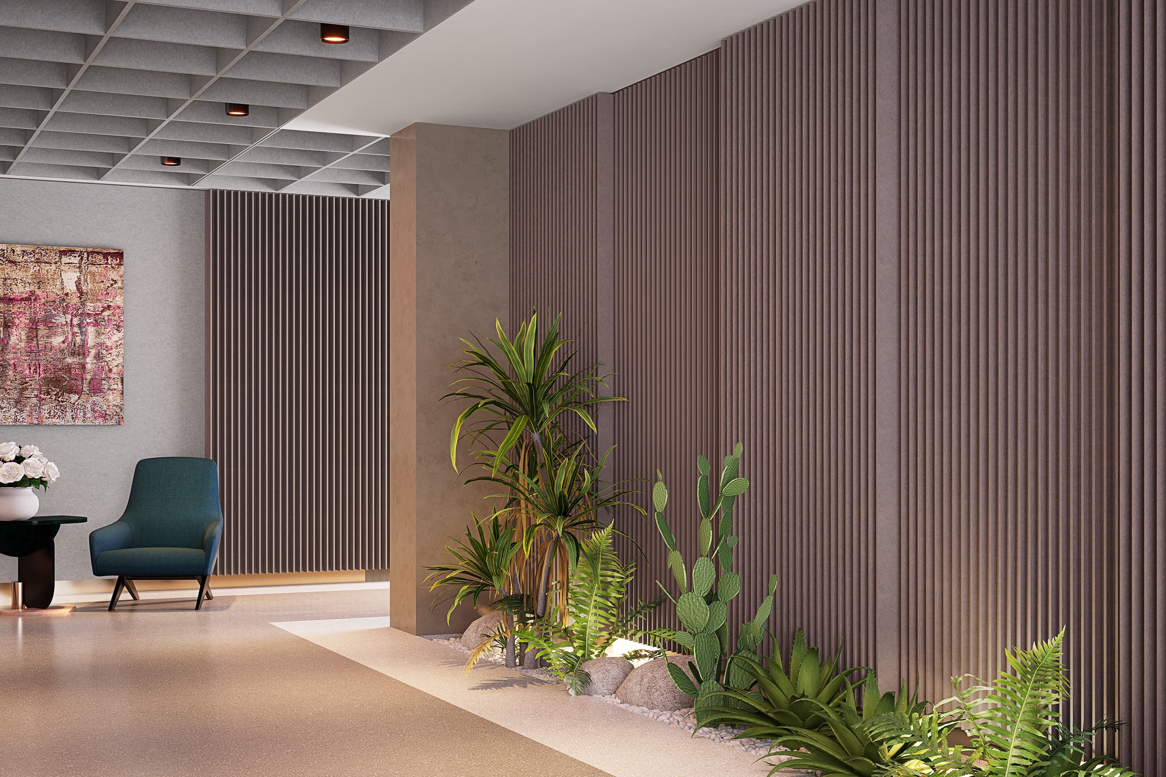 A modern interior features a green armchair, potted plants, and a wall adorned with vertical acoustic felt panels. Elevated planters add a touch of greenery. A contemporary art piece hangs on the adjacent wall. The high ceiling with built-in lighting enhances the room's sleek design.