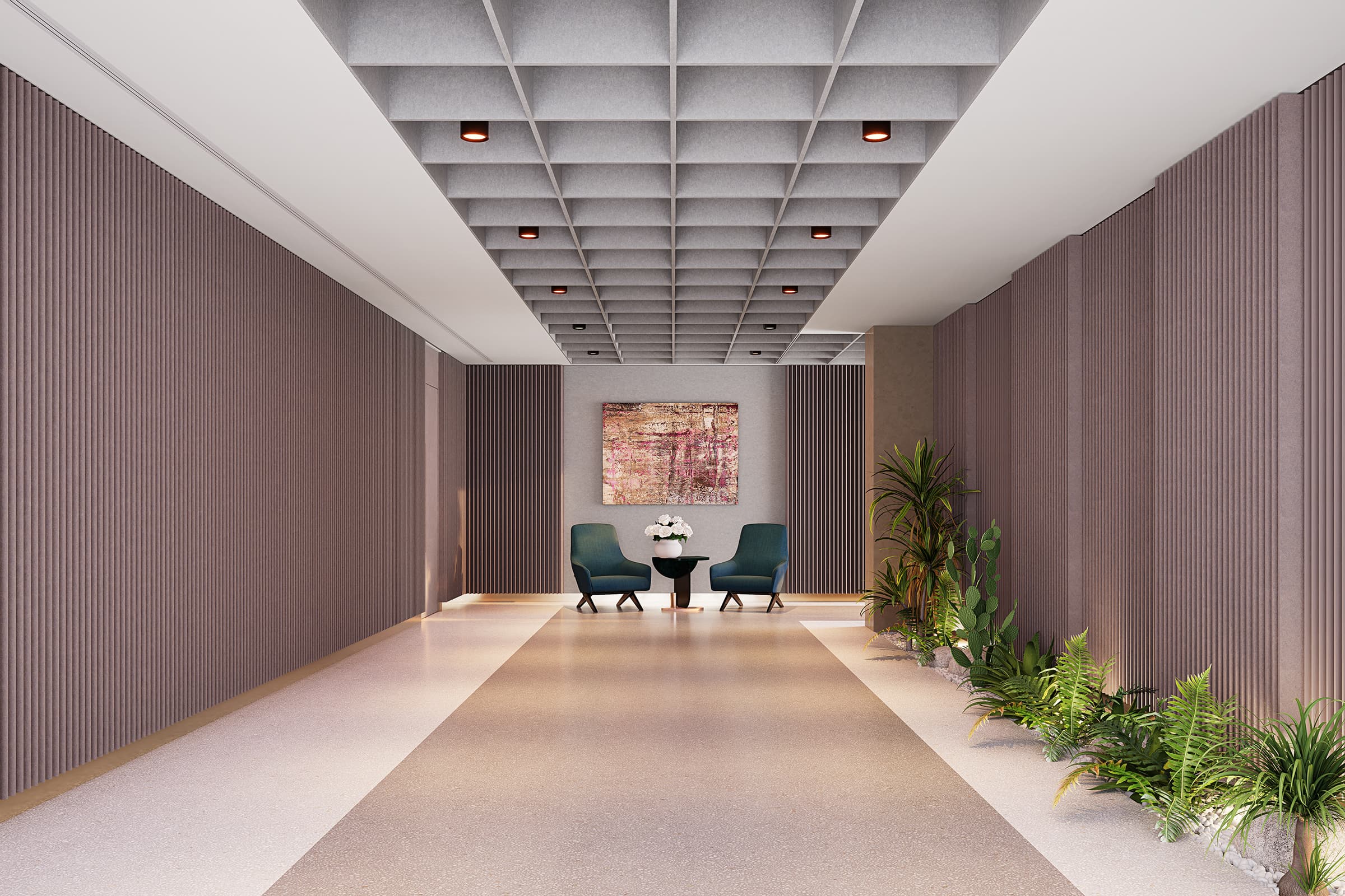 A modern hallway with a grid-patterned ceiling and recessed lighting. The walls are lined with acoustic felt vertical panels, and there are two green chairs with a small table in between. Elevated planters adorn the right side, adding a touch of gardening elegance. A framed abstract painting hangs on the far wall.
