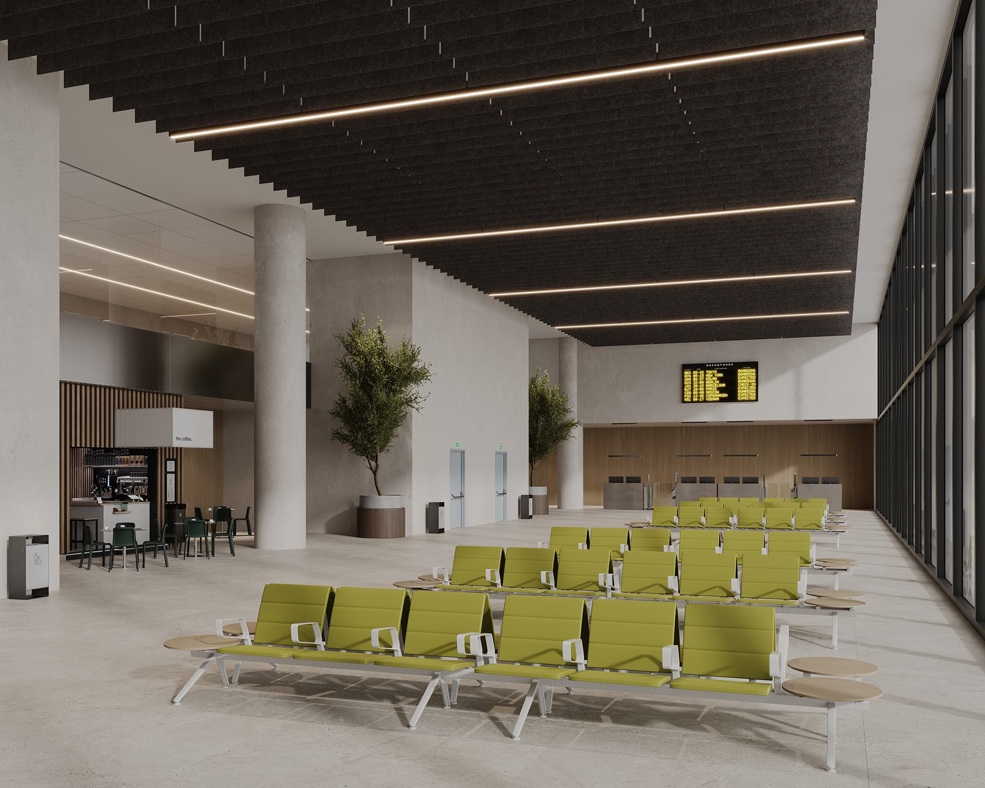A spacious airport waiting area with rows of lime green chairs, tall windows offering natural light, potted trees, modern design elements including linear acoustic ceiling baffles, an information board displaying flight details, and a small cafe in the background.