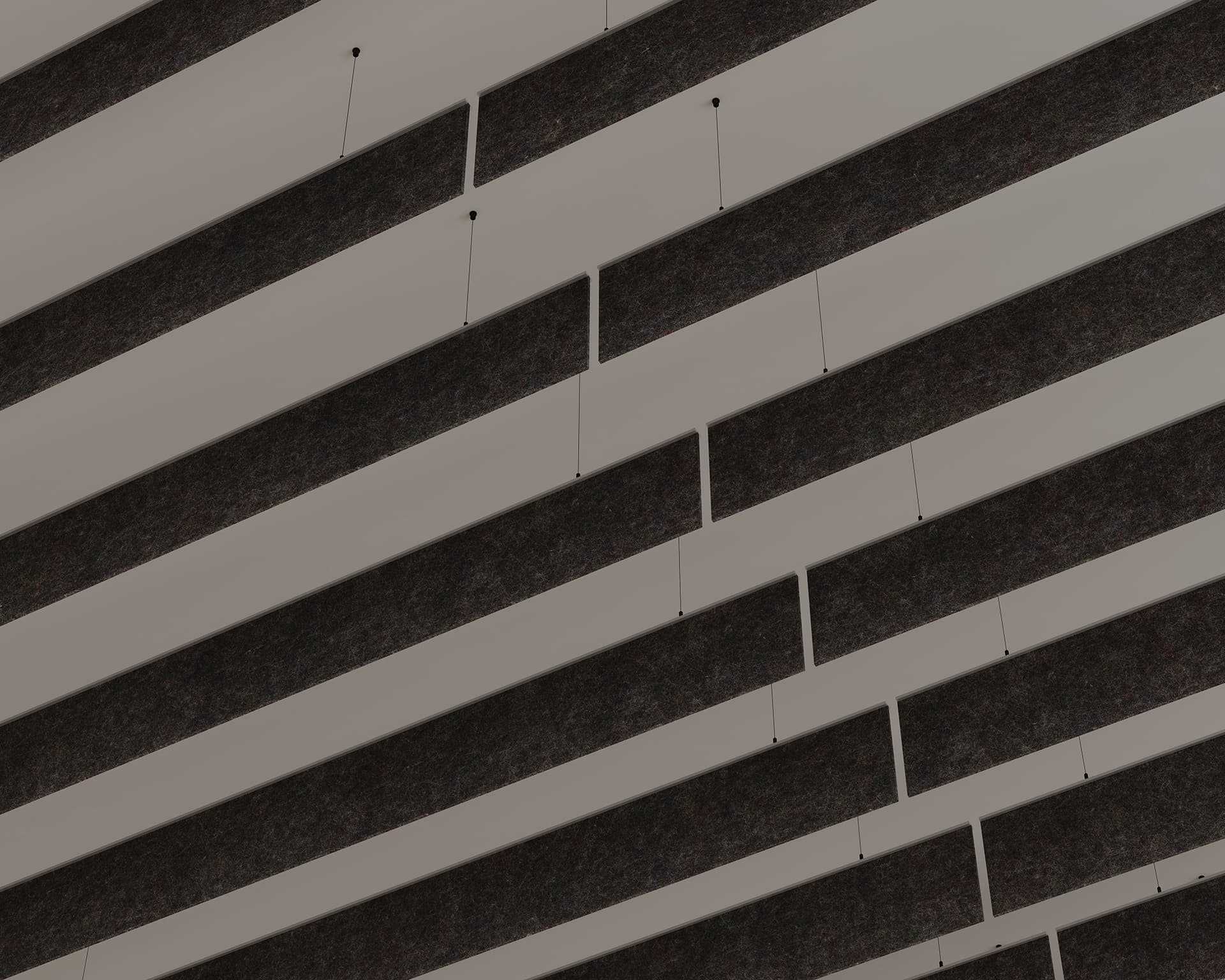 Abstract view of a ceiling with linear acoustic baffles. Thin wires connect the baffles to the ceiling, adding to the geometric effect. The design has a modern and minimalist aesthetic.