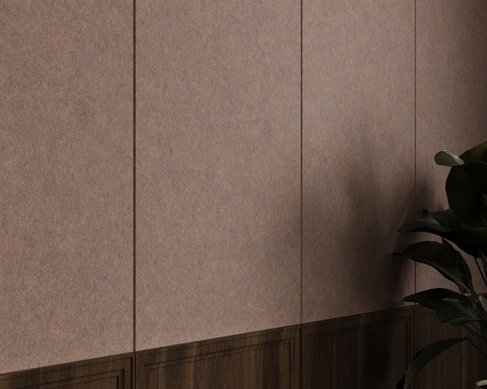 A textured amethyst acoustic felt wall with vertical panels occupies most of the image. The lower portion of the wall features dark wooden trim. In the bottom right corner, the shadow of a plant with broad leaves is visible, giving the scene a subtle, natural touch.