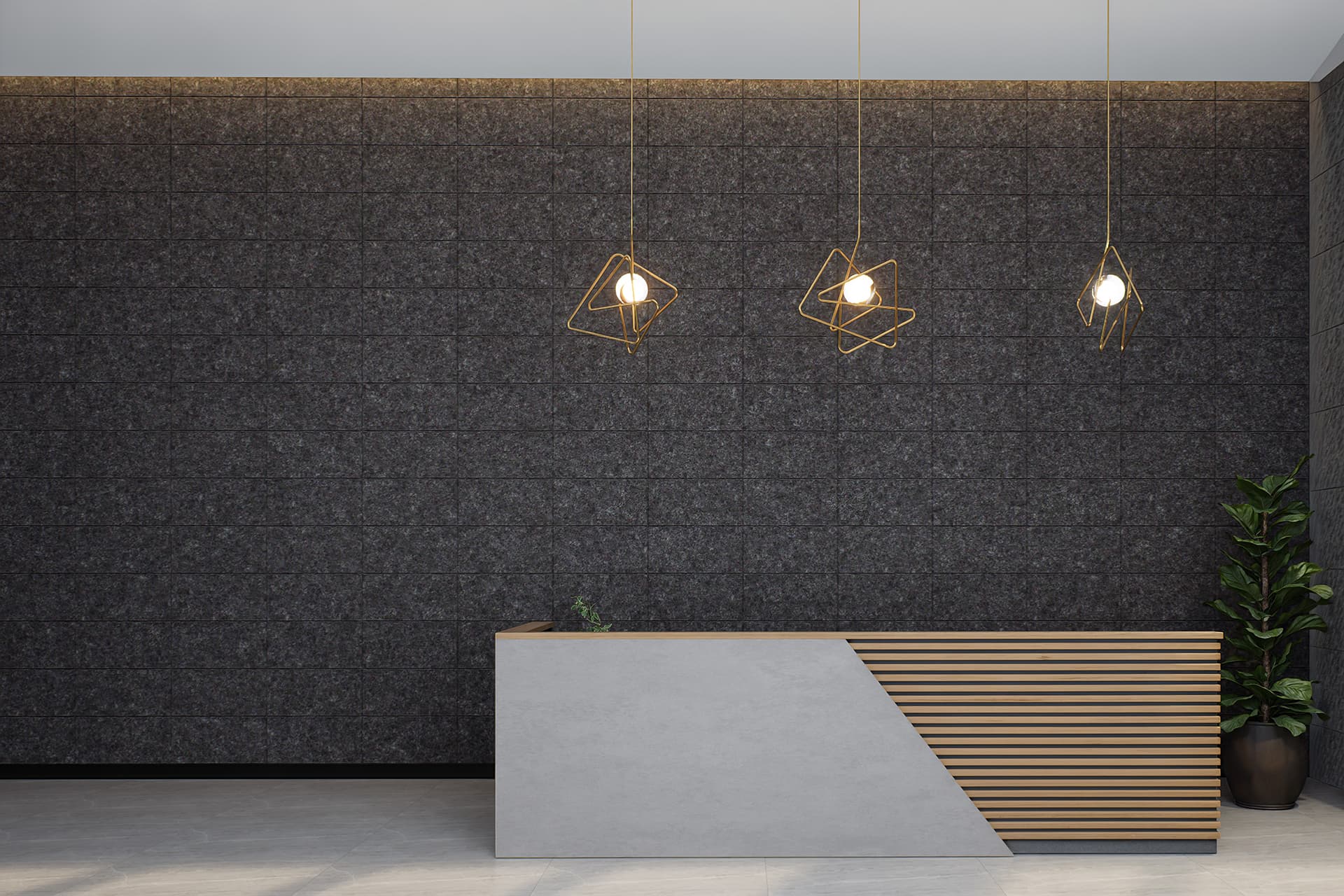 A modern reception area featuring a minimalist desk with geometric wooden accents and a single green potted plant. Above the desk, three unique pendant lights with wireframe designs hang from the ceiling, casting light against a dark textured acoustic felt wall.