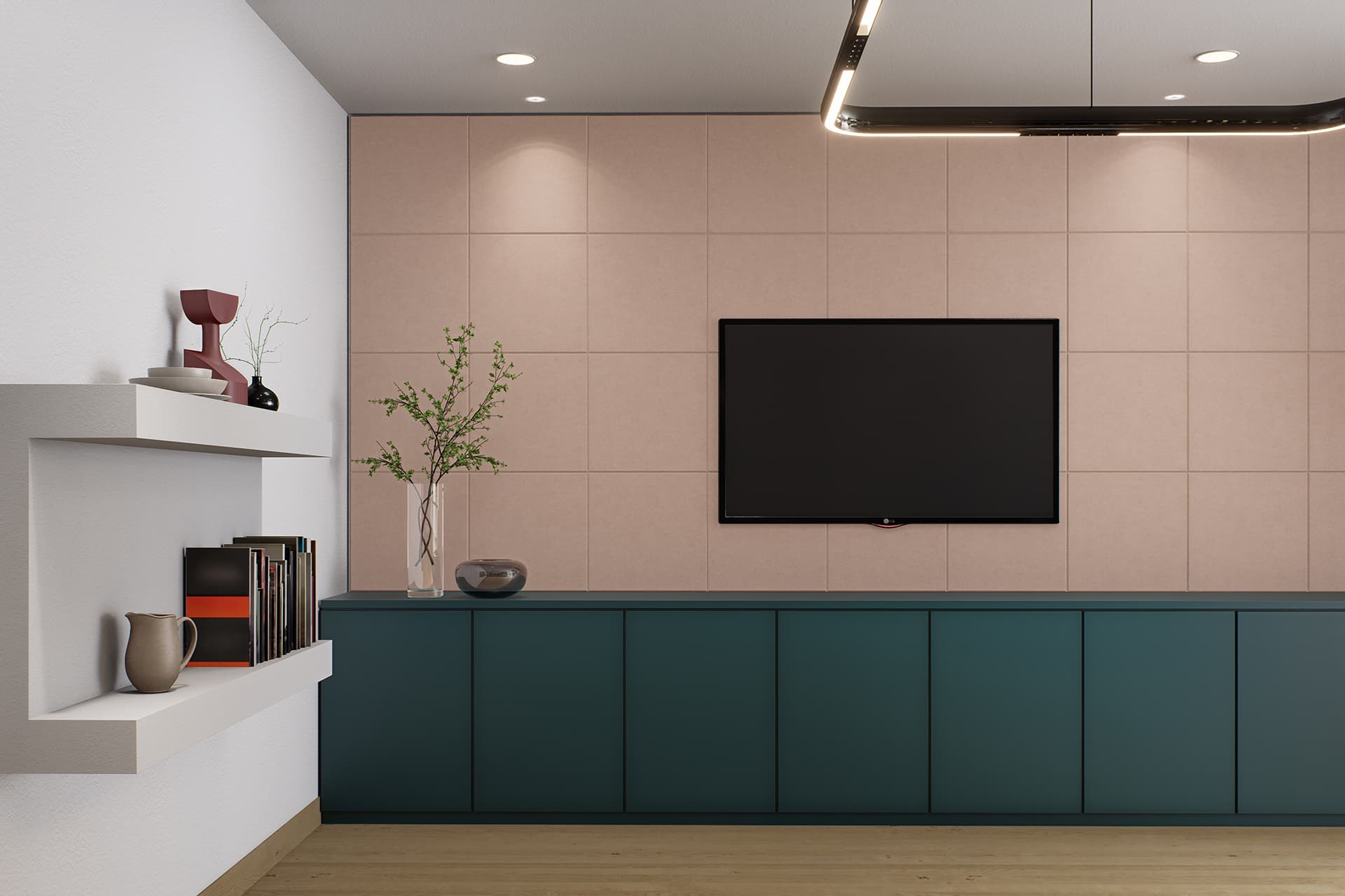 A modern living room with a minimalist design. The room features a wall-mounted flat-screen TV, a teal-colored console underneath, and a wall shelf with books, vases, and a plant. The walls are light pink acoustic felt with a clean, tiled design, and the ceiling has recessed lighting.