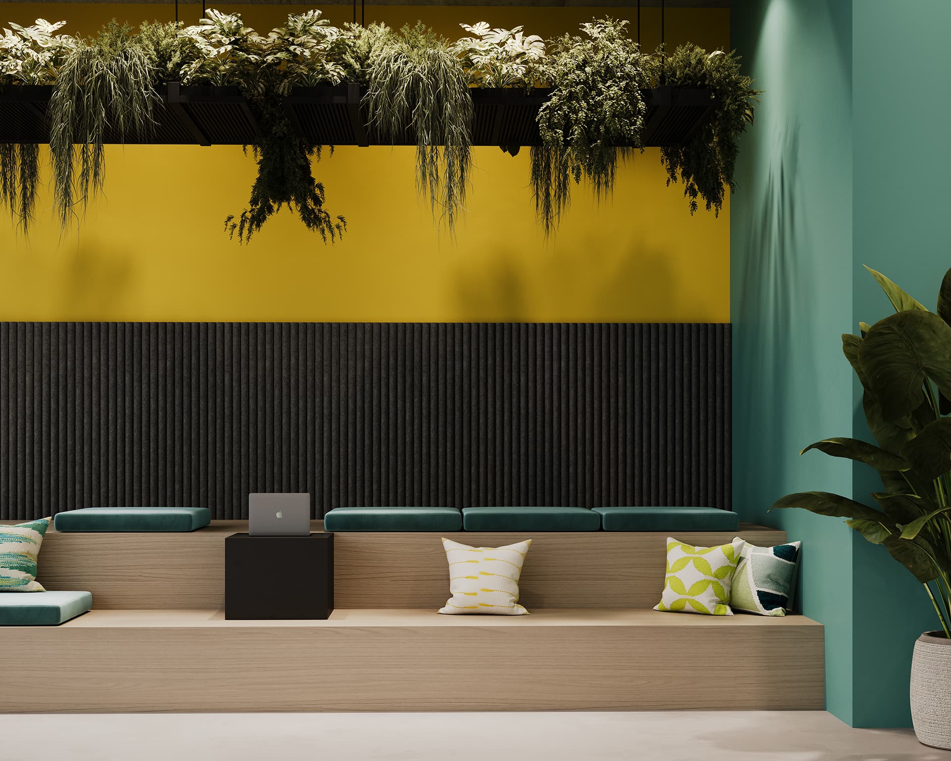 Modern seating area with tiered wooden benches, teal cushions, and patterned pillows. A closed laptop sits on a black stand. Above, indoor plants hang from the ceiling against a bright yellow and slate acoustic felt wall backdrop. A large leafy plant is on the right.