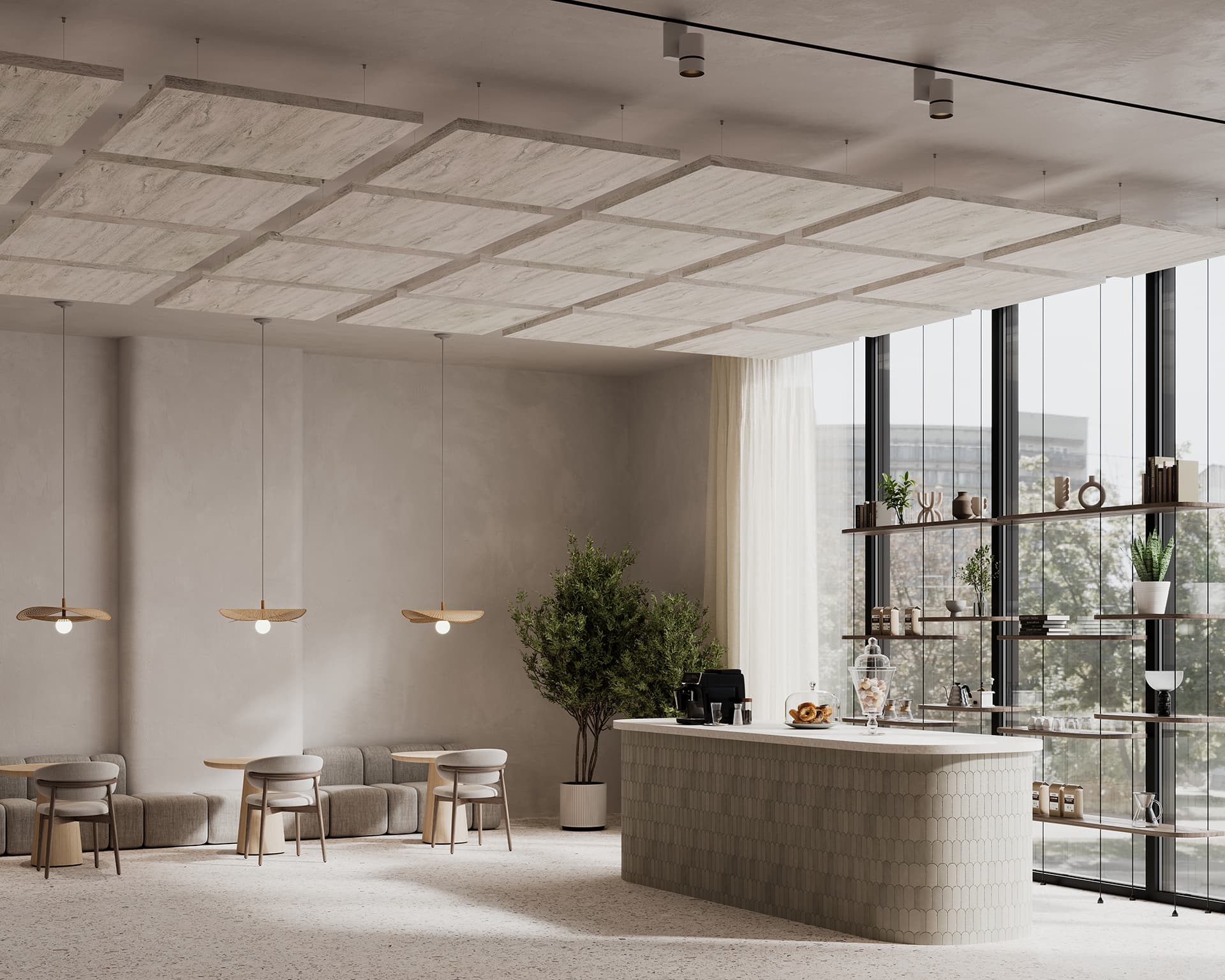 A modern cafe interior with a white, curved counter and multiple shelves displaying plants and jars. Wooden tables with gray chairs and a green plant create a cozy seating area. Large windows allow natural light to illuminate the neutral-toned space. Acoustic felt panels and three pendant lights hang from the ceiling.