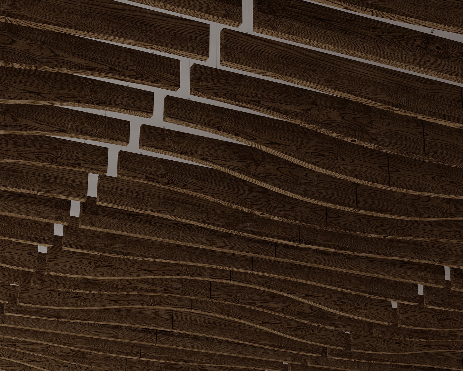 A wavy woodgrain acoustic felt ceiling features dark brown, unevenly spaced planks with visible wood grain patterns. Gaps between the planks create a visually dynamic and textured design. The ceiling has a modern, artistic appearance.