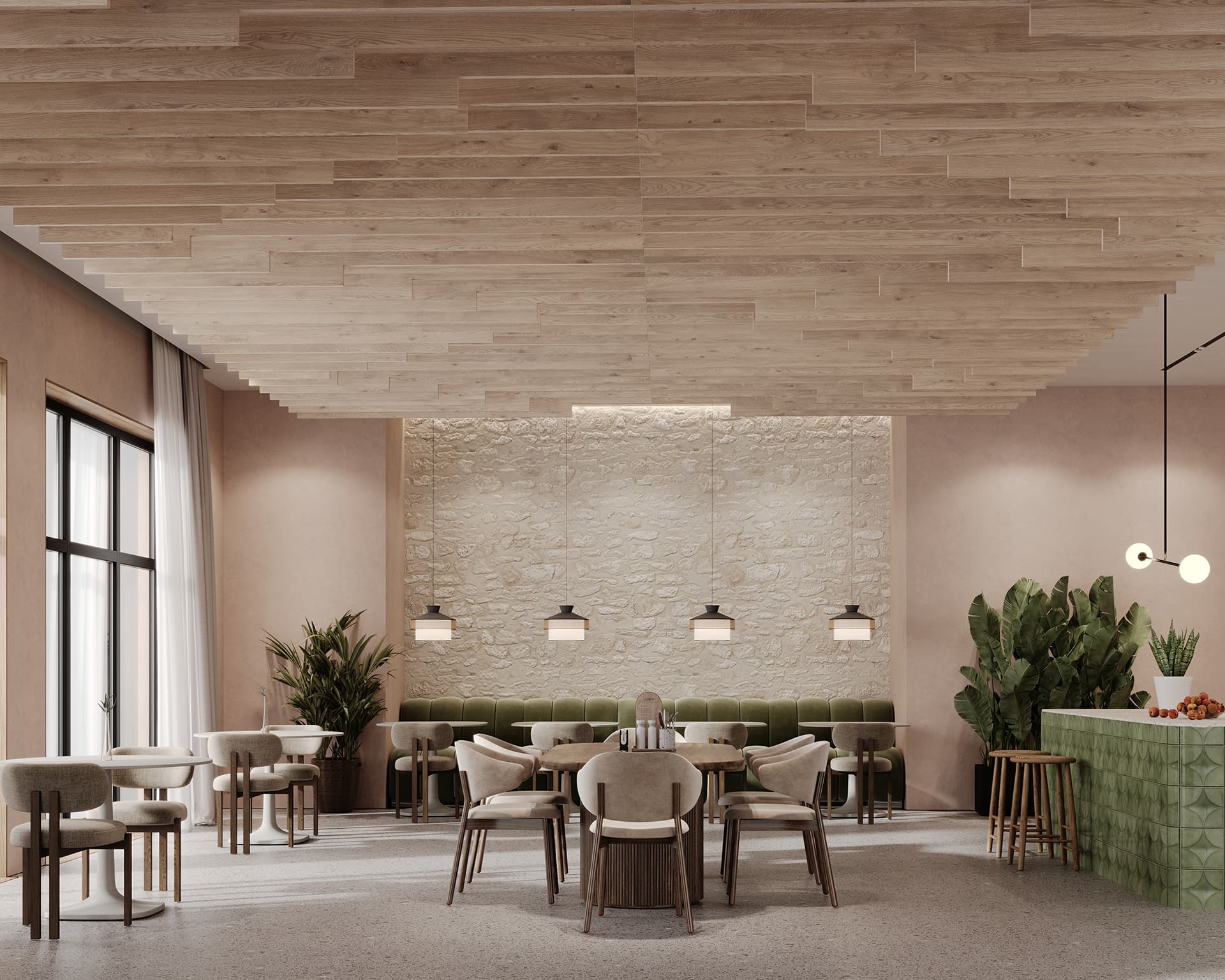 Modern dining area featuring wooden furnishings, an acoustic felt plank ceiling, green cushioned seating against a stone accent wall, round and rectangular tables, large plants, and a bar area with green tiles and hanging globe lights. Natural light floods through large windows.