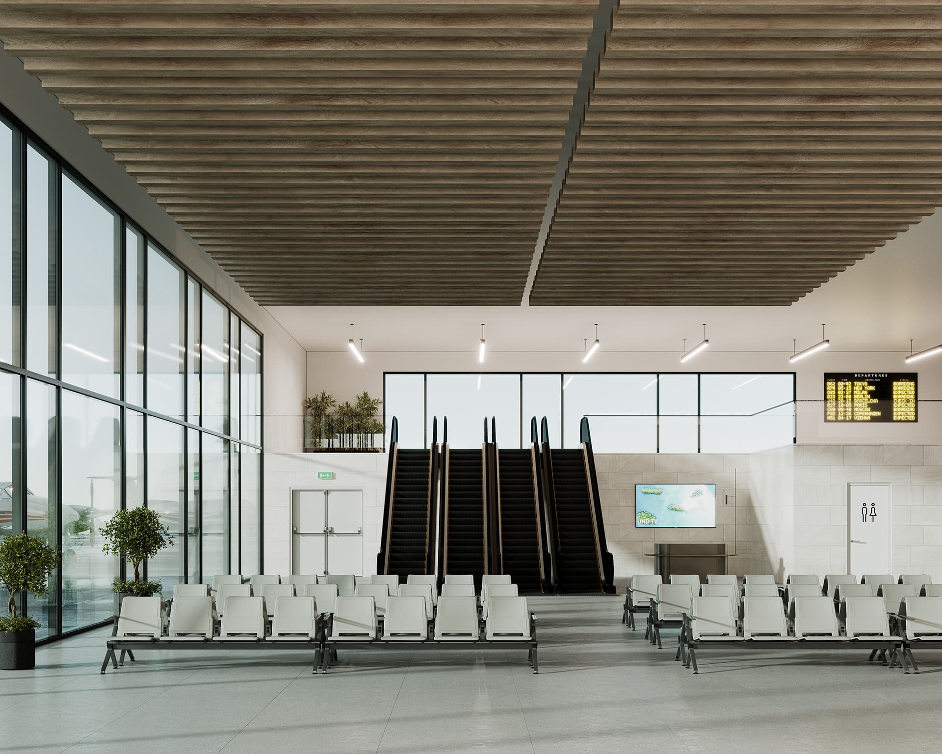 An empty waiting area in a modern airport terminal with rows of white seats and a beam woodgrain ceiling that adds warmth. In the background, two escalators lead to an upper level. Large windows let in natural light, and digital information screens display flight details. Potted plants add a touch of greenery.