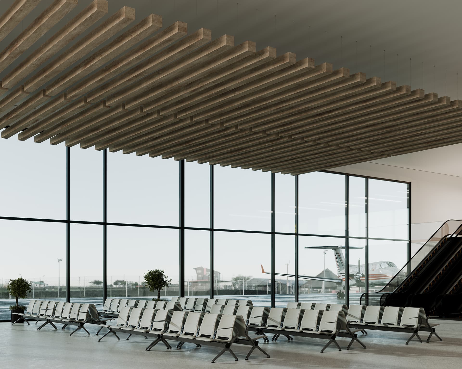 A modern airport waiting area with rows of empty white chairs, large floor-to-ceiling windows offering a clear view of a plane on the tarmac, beam woodgrain ceiling baffles adding texture above, and an escalator on the right. Two potted plants are positioned near the windows.