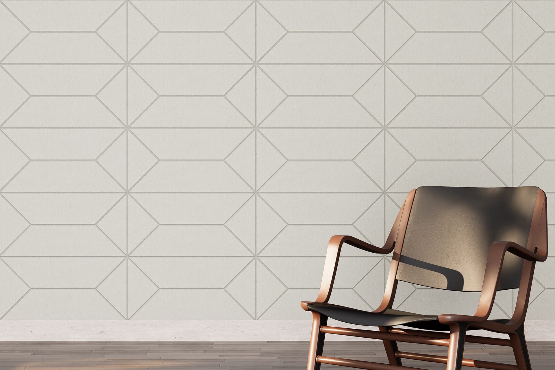 An empty room features a wooden armchair with a black seat and backrest, positioned on a wooden floor. The light gray wall behind showcases a geometric acoustic felt pattern consisting of interlocking hexagons and straight lines.